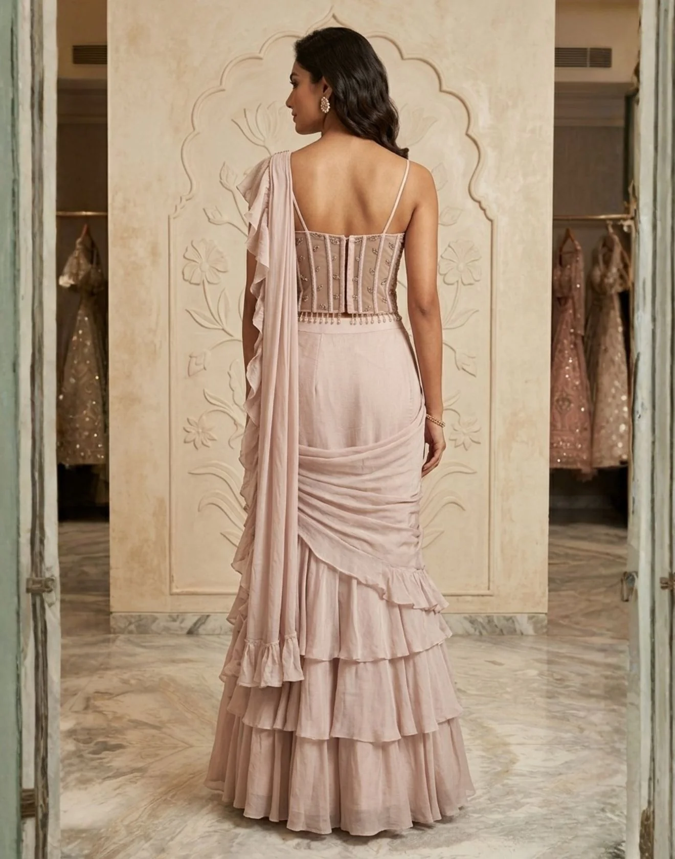 Blush Crush Ruffle Pre-Draped Saree With Corset Blouse - Image 3