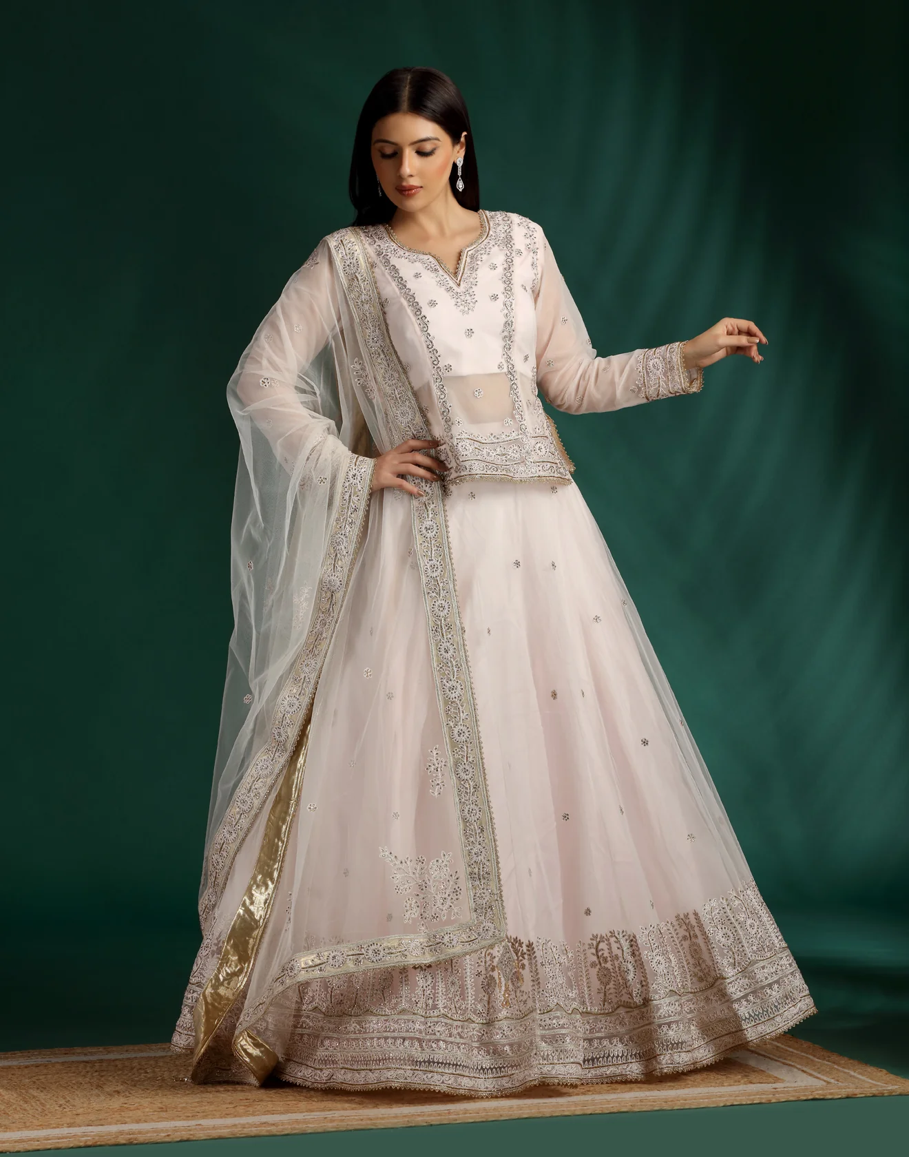 Blush Pink Aari Thread Work Lehenga With A Long Choli Set
