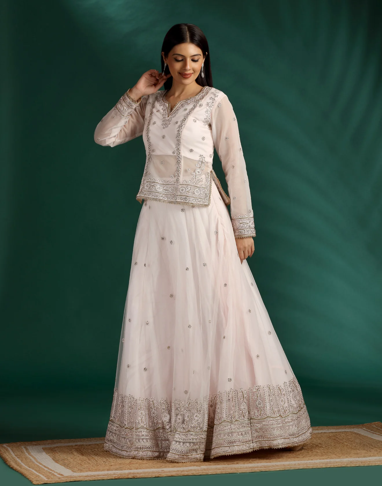 Blush Pink Aari Thread Work Lehenga With A Long Choli Set - Image 3
