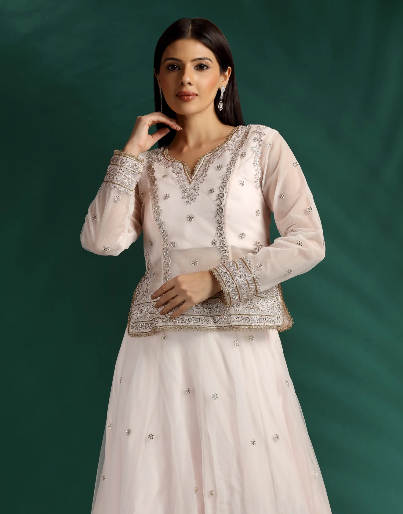 Blush Pink Aari Thread Work Lehenga With A Long Choli Set - Image 4