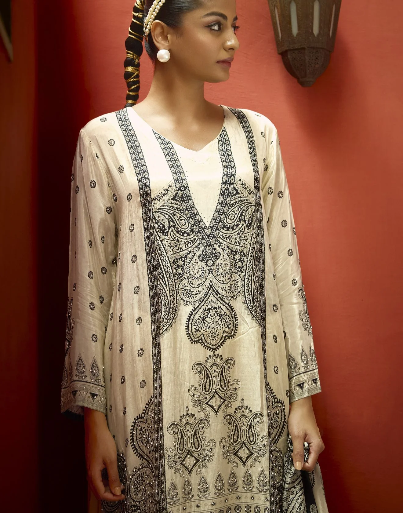 Blushed Ivory Mughal Printed Pure Crepe Festive Kurta Set - Image 3