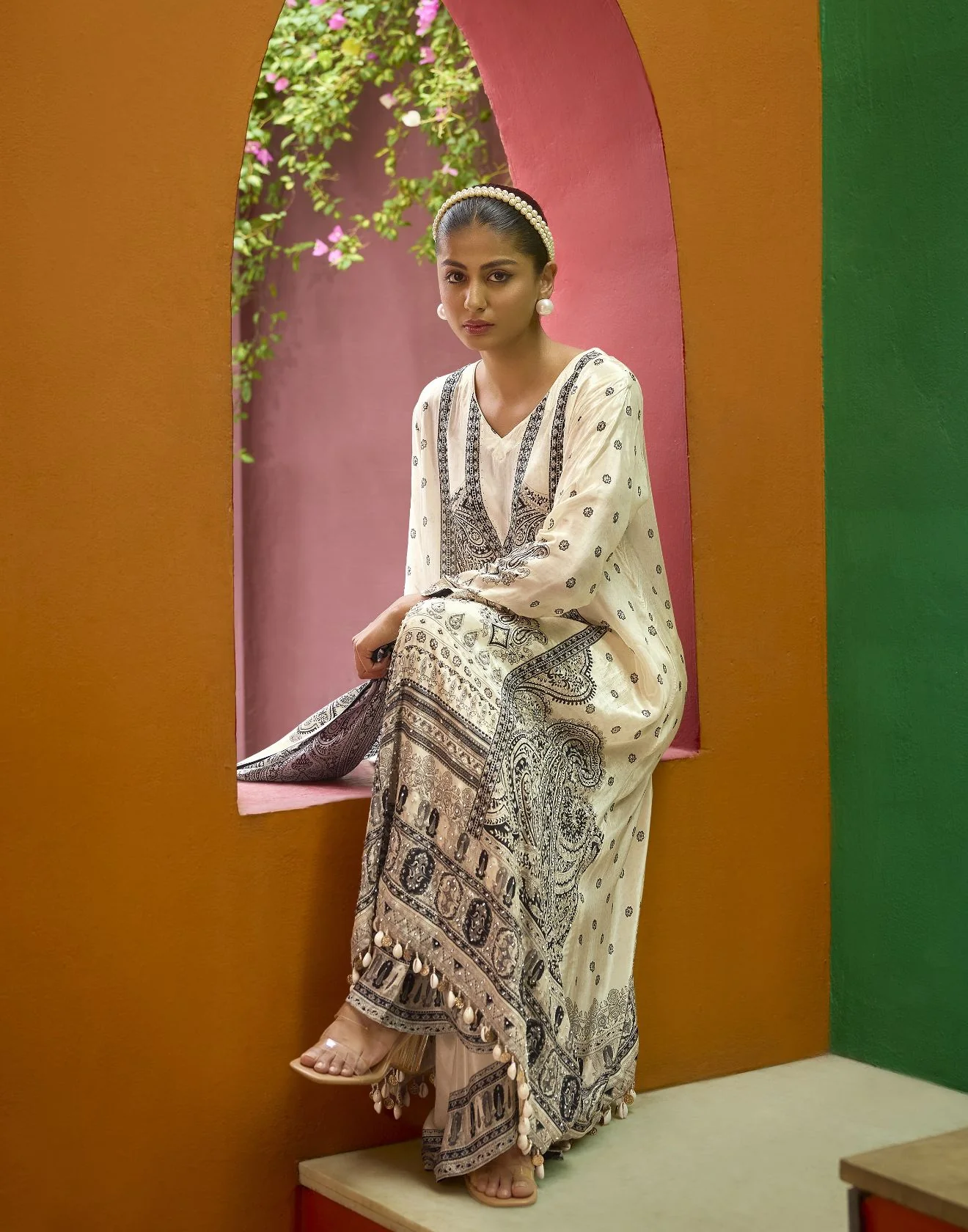 Blushed Ivory Mughal Printed Pure Crepe Festive Kurta Set - Image 4