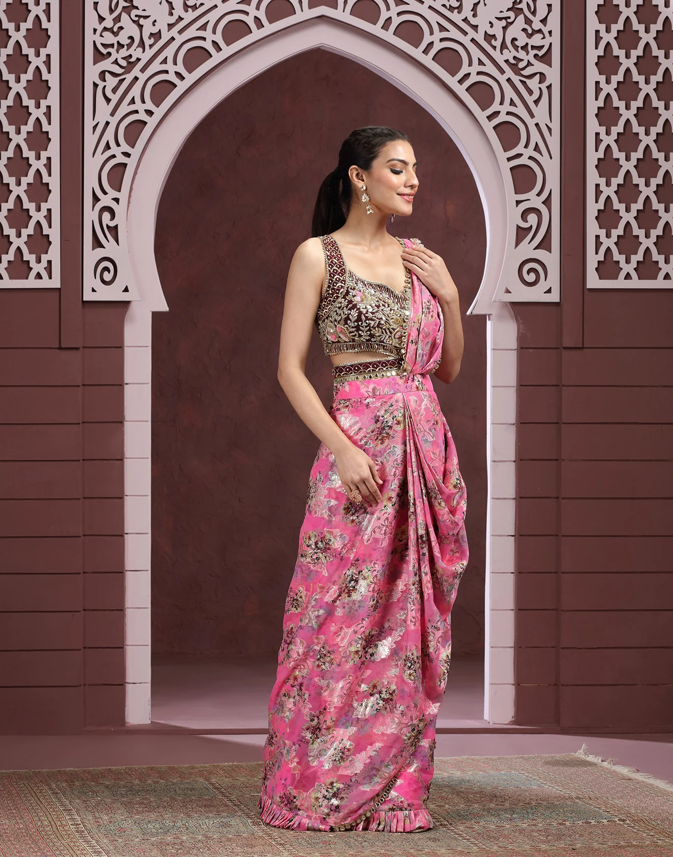 Bougainvillea Blush Printed Pre-Stitched Cocktail Saree - Image 3