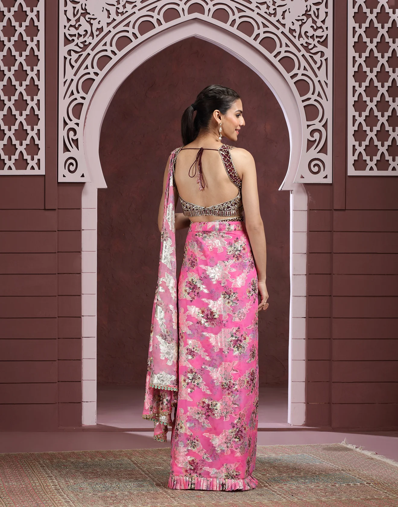 Bougainvillea Blush Printed Pre-Stitched Cocktail Saree - Image 5