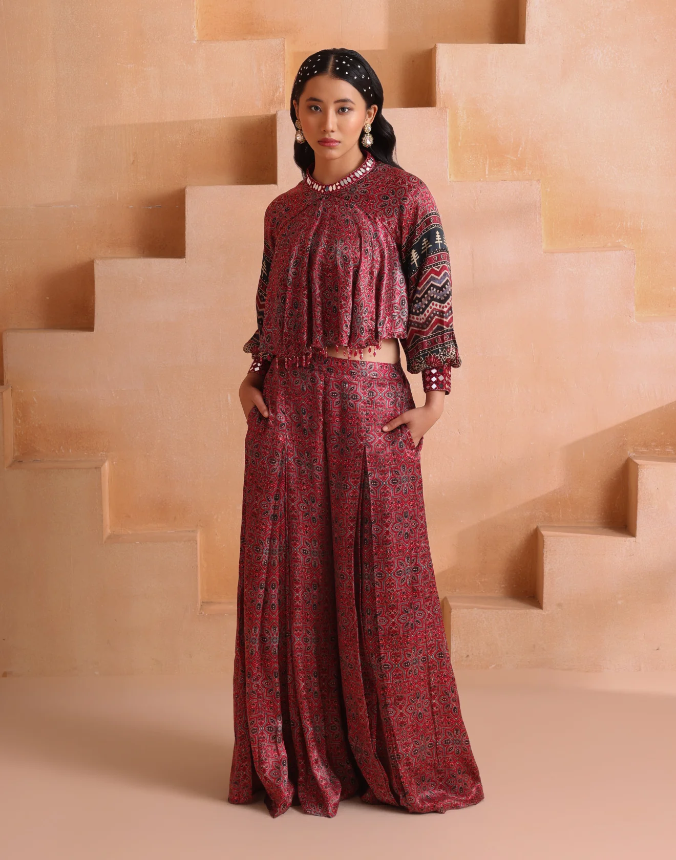 Brick Red Ajrakh Printed Gazi Silk Indo-Western Set
