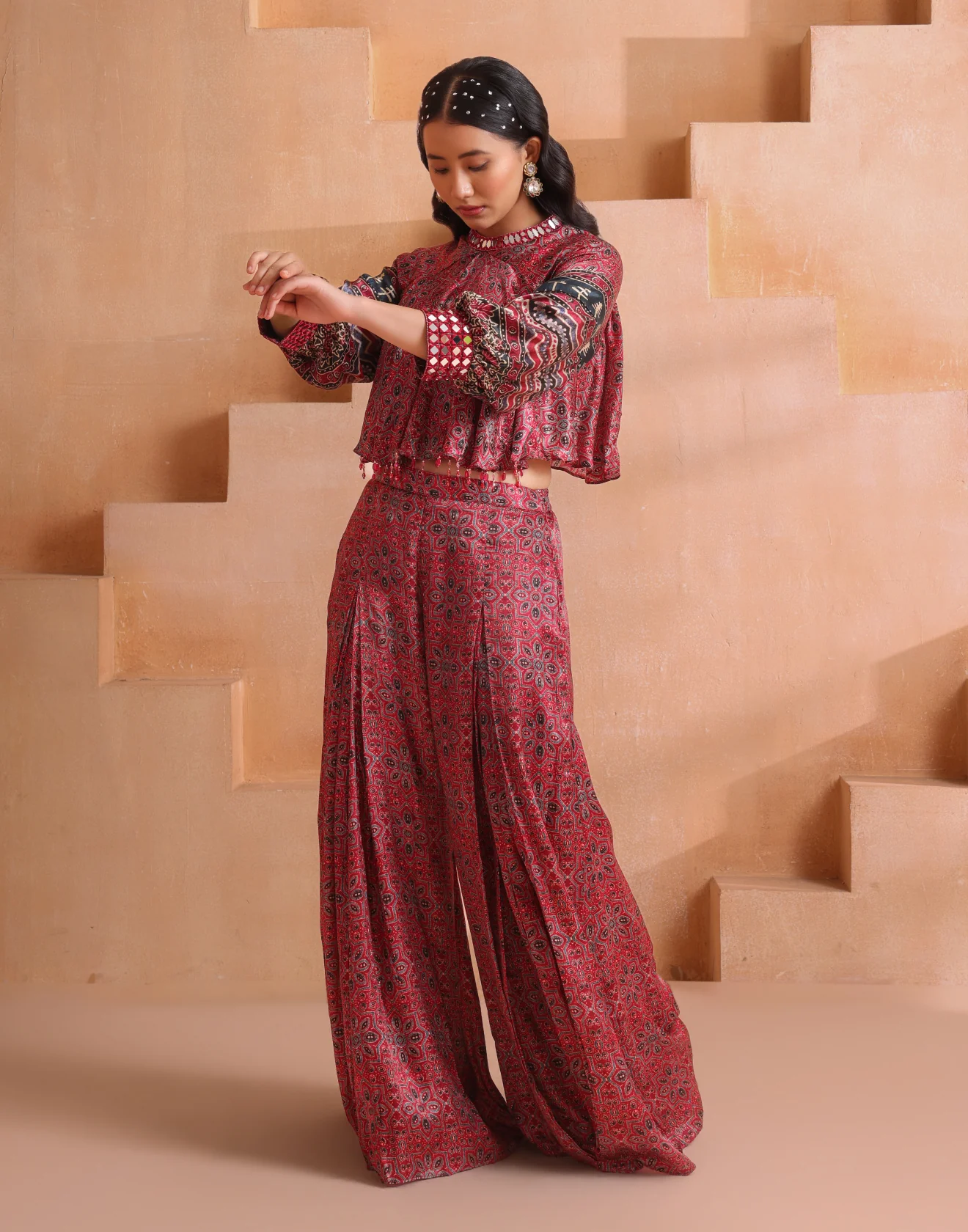 Brick Red Ajrakh Printed Gazi Silk Indo-Western Set - Image 2