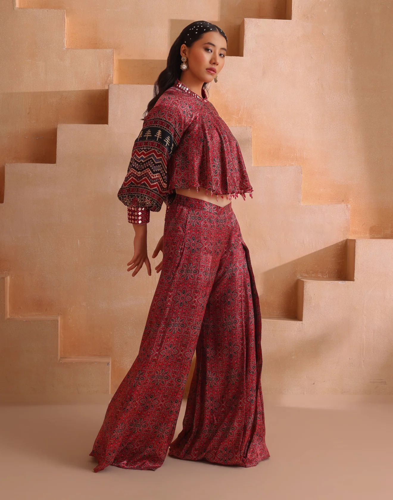 Brick Red Ajrakh Printed Gazi Silk Indo-Western Set - Image 3