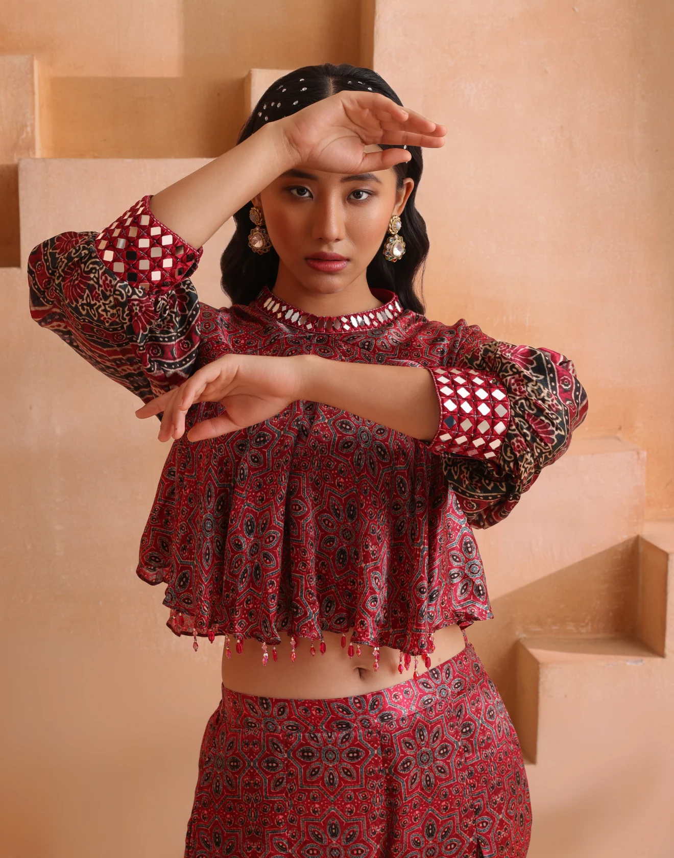Brick Red Ajrakh Printed Gazi Silk Indo-Western Set - Image 5