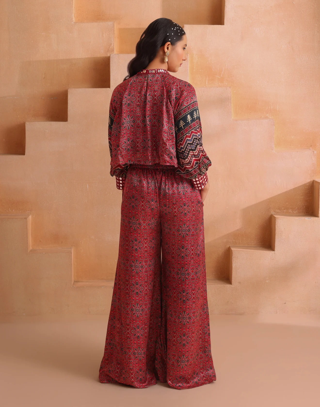 Brick Red Ajrakh Printed Gazi Silk Indo-Western Set - Image 6