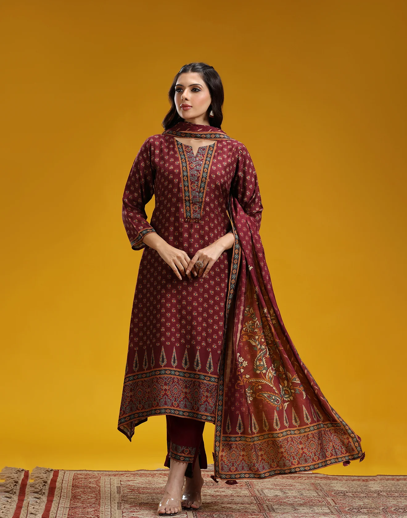 Brick Red Ethnic Printed Classic Kurta Set