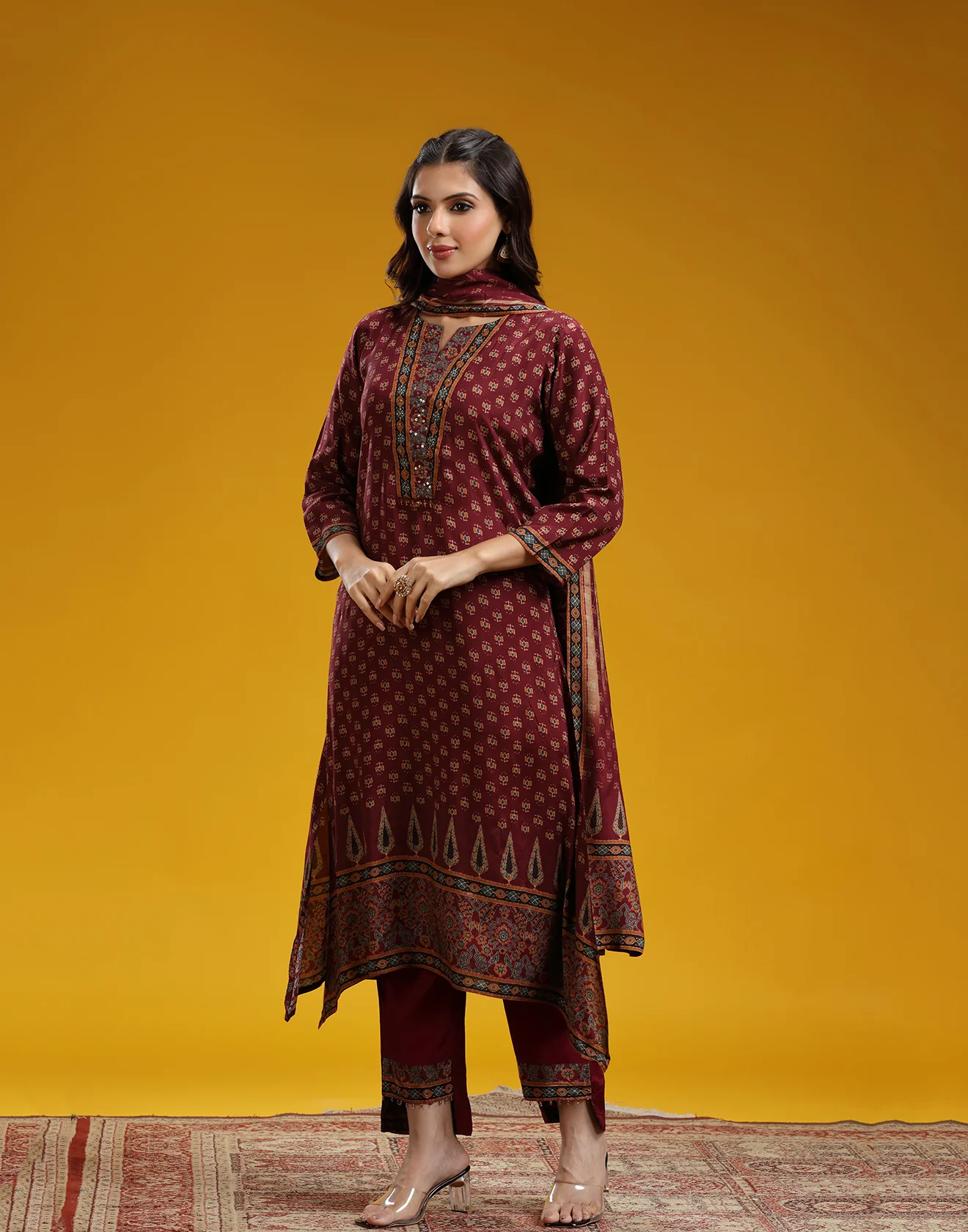 Brick Red Ethnic Printed Classic Kurta Set - Image 2