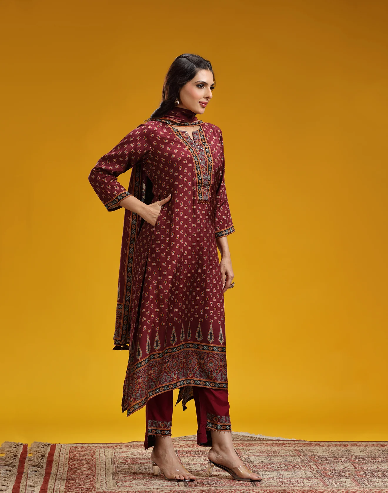 Brick Red Ethnic Printed Classic Kurta Set - Image 3