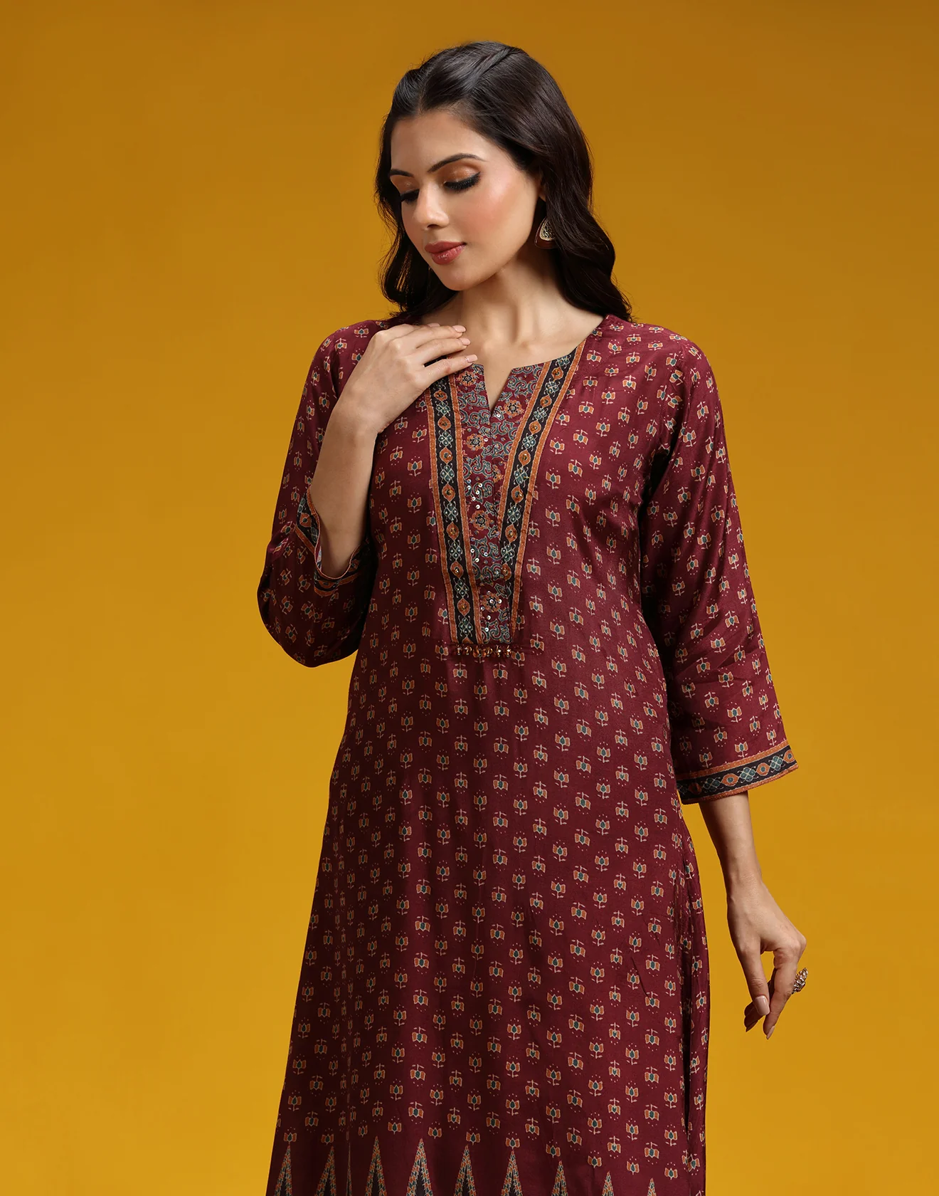 Brick Red Ethnic Printed Classic Kurta Set - Image 4
