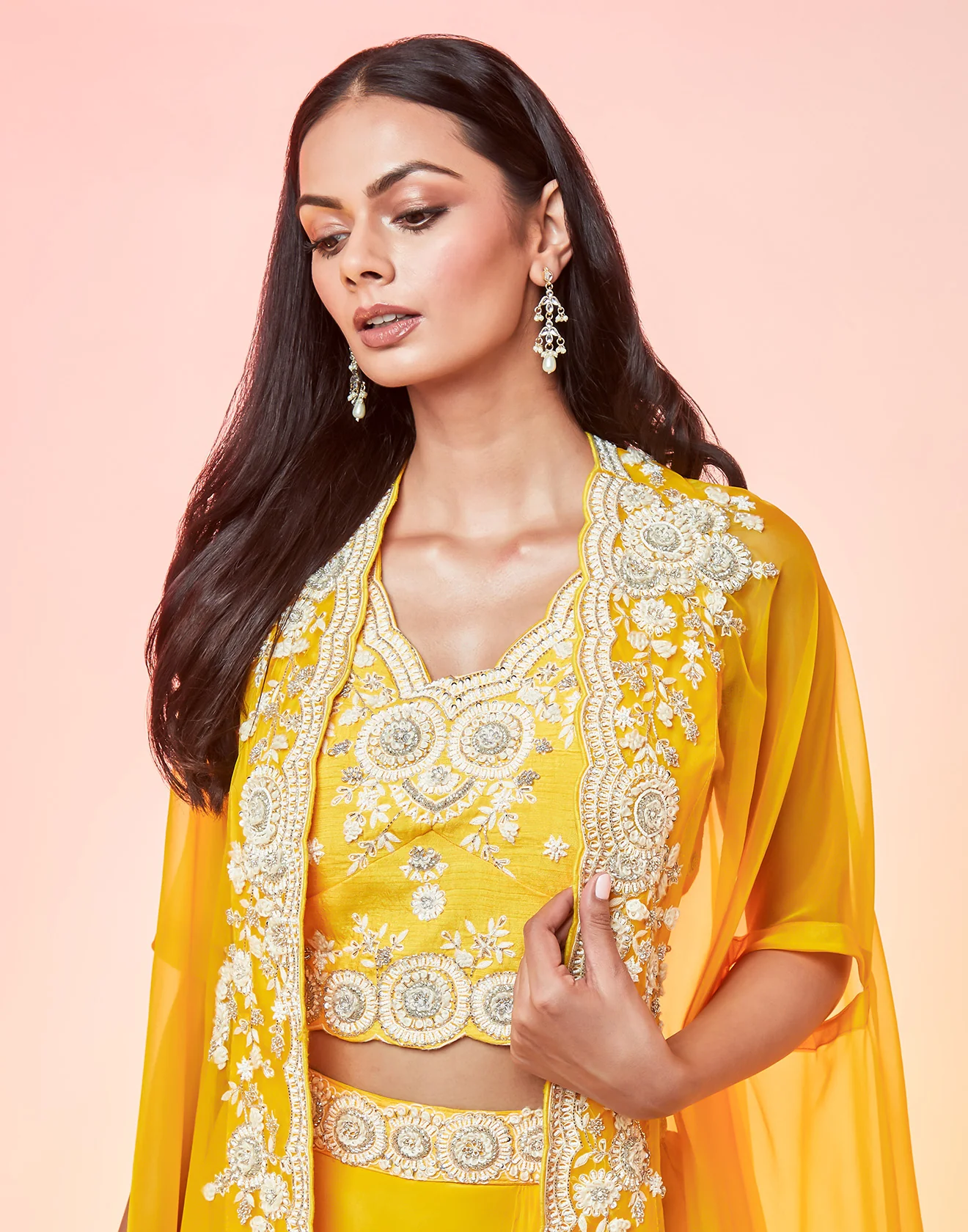 Canary Yellow Draped Fusion Set With Cape Sleeves And Embroidered In Ivory - Image 3