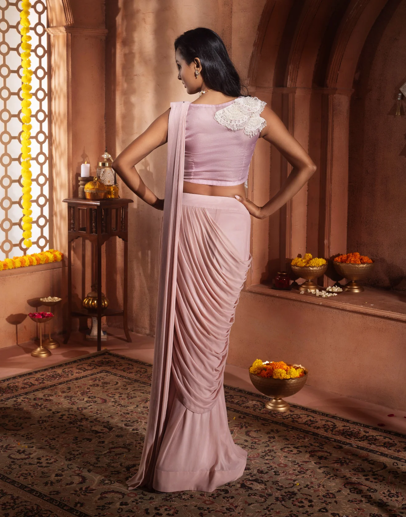 Carnation Pink Pre-Stitched Festive Saree - Image 4