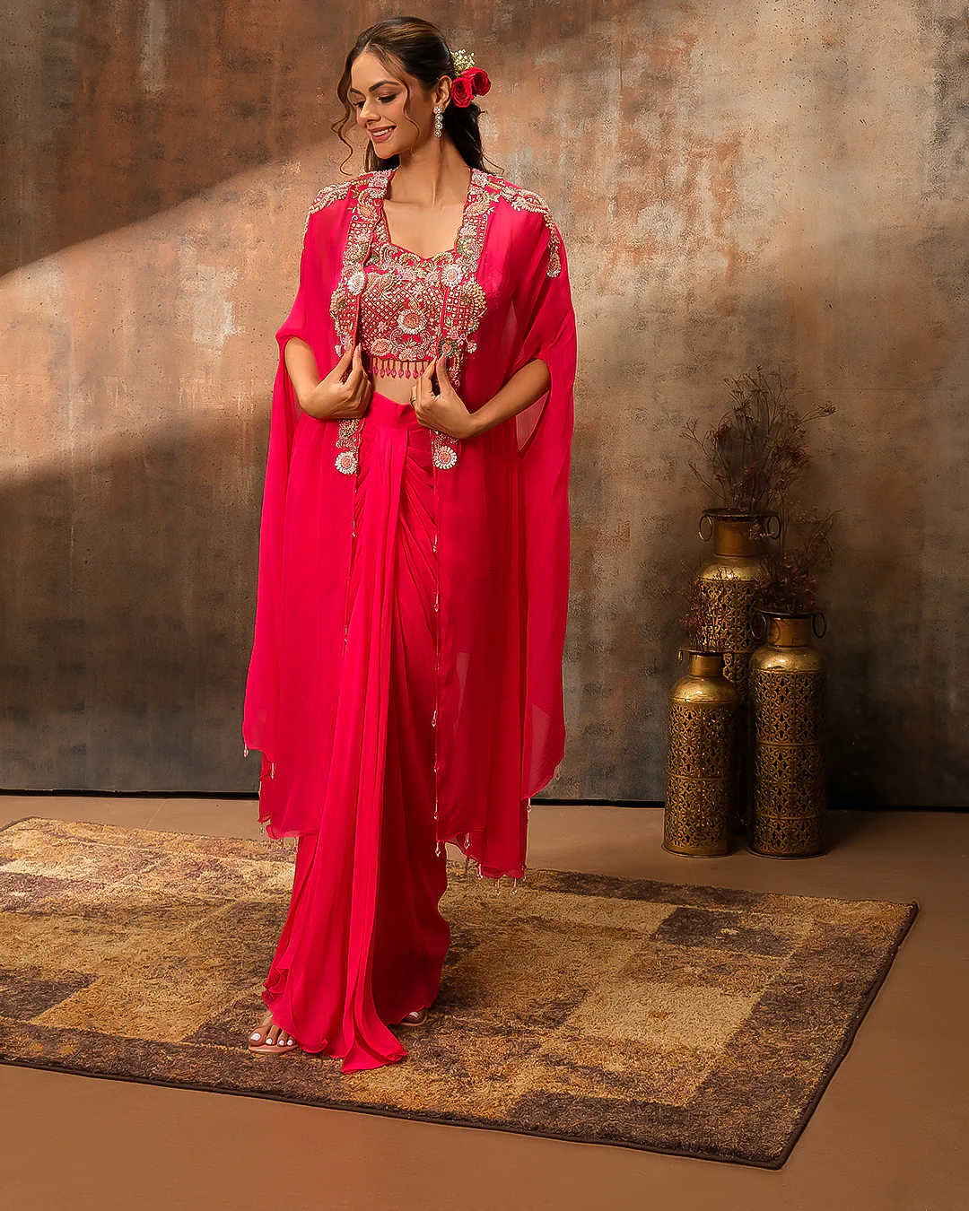 Carnation Rani Embellished Bustier With Jacket & Pleated Skirt - Image 4