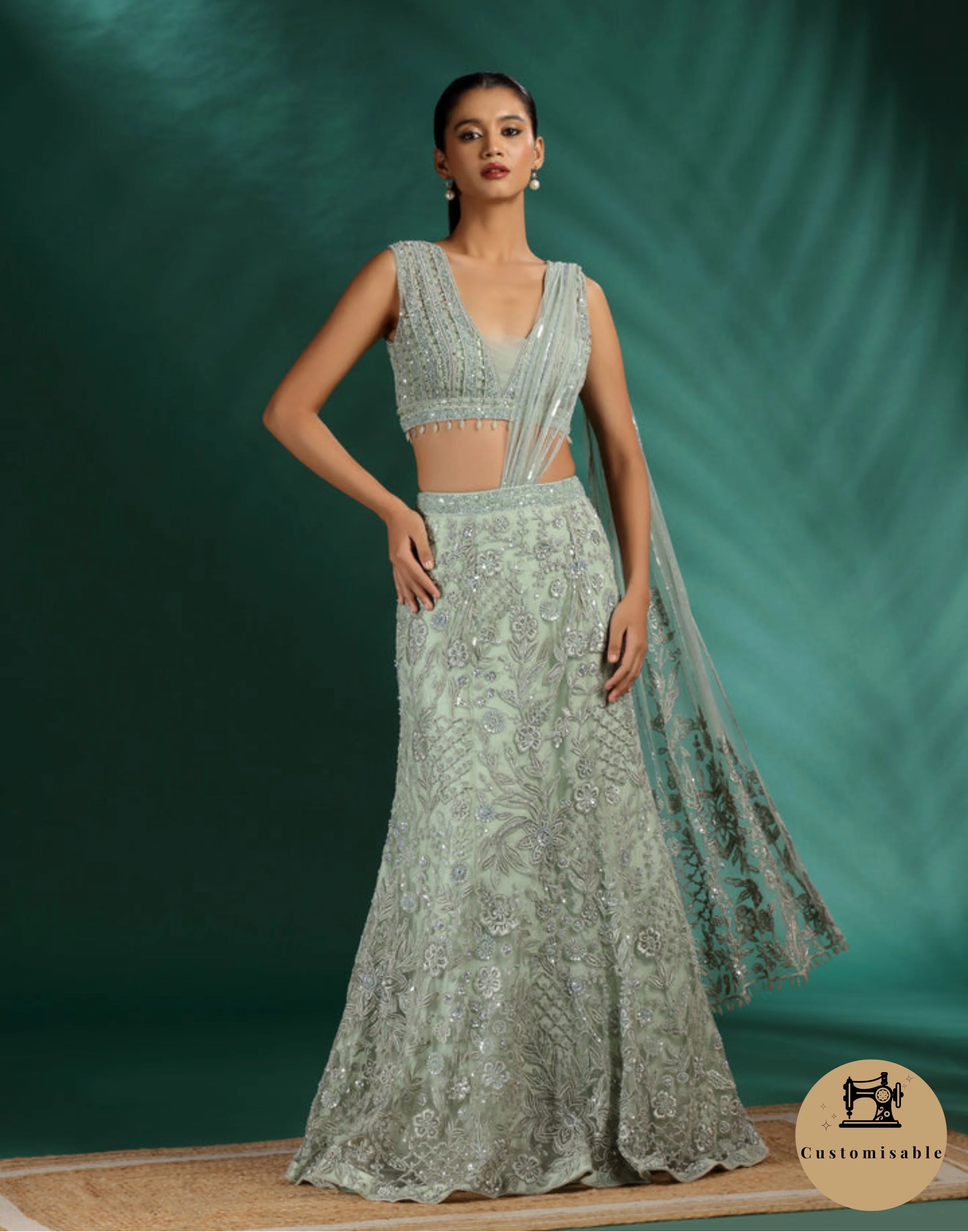 Celadon Mist Embroidered Fish-Cut Lehenga