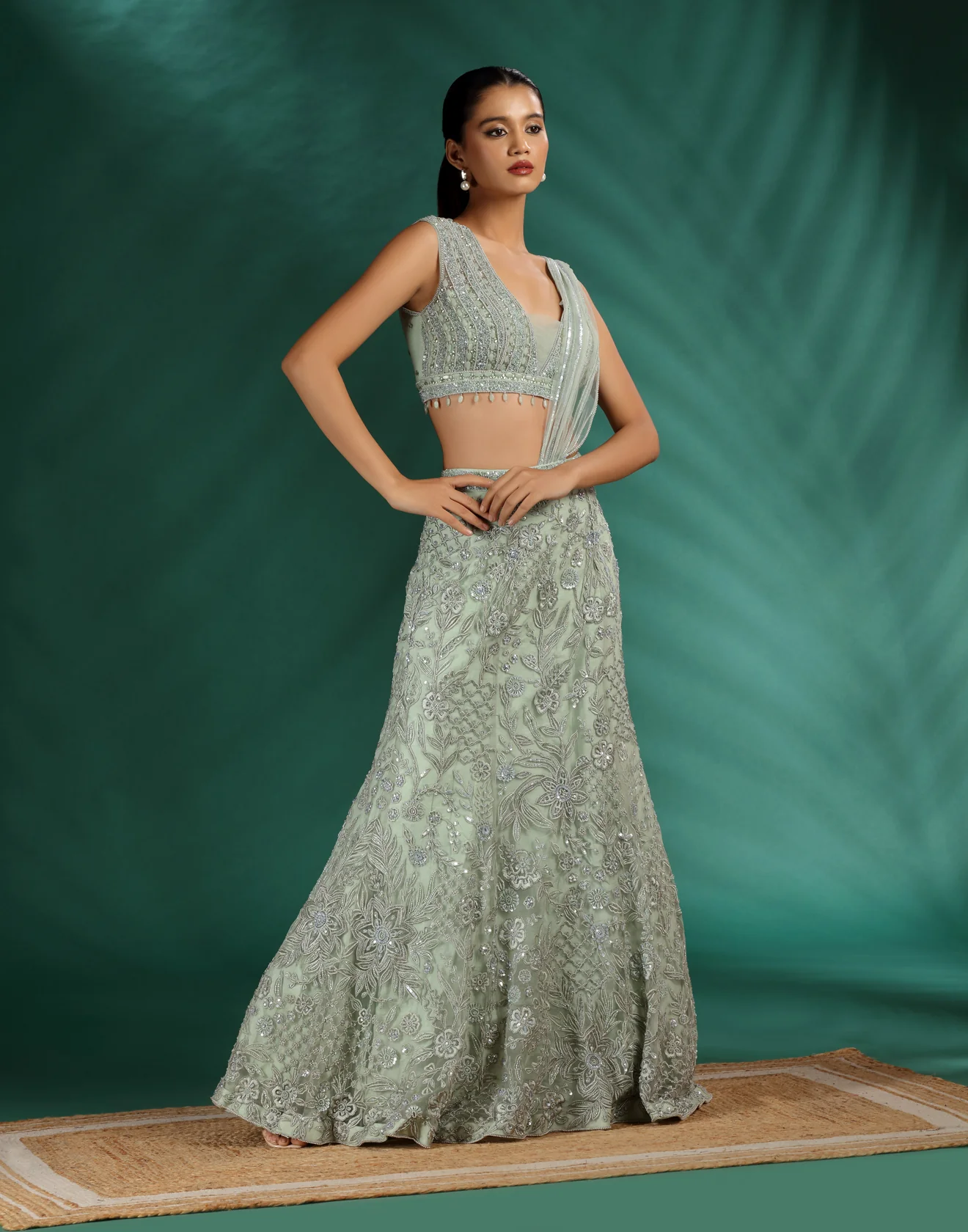 Celadon Mist Embroidered Fish-Cut Lehenga - Image 2