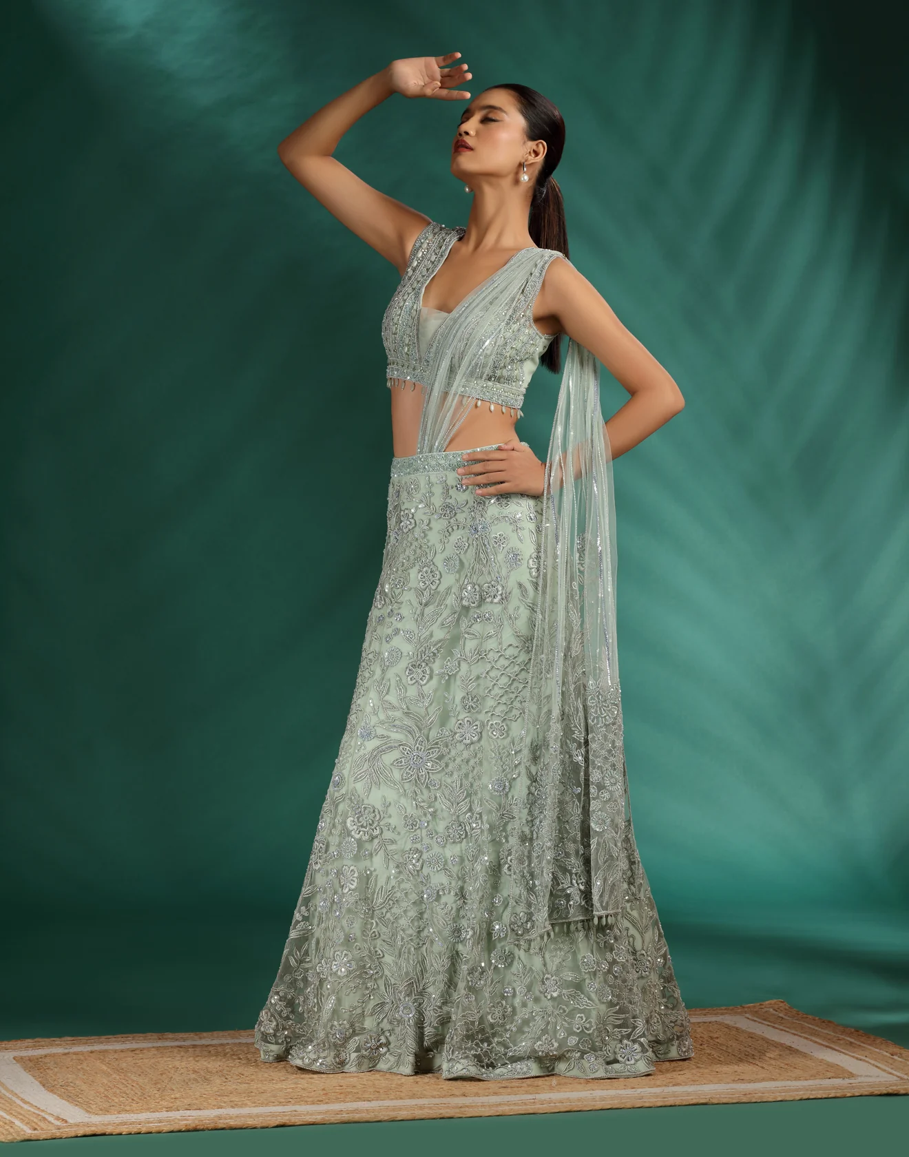 Celadon Mist Embroidered Fish-Cut Lehenga - Image 3