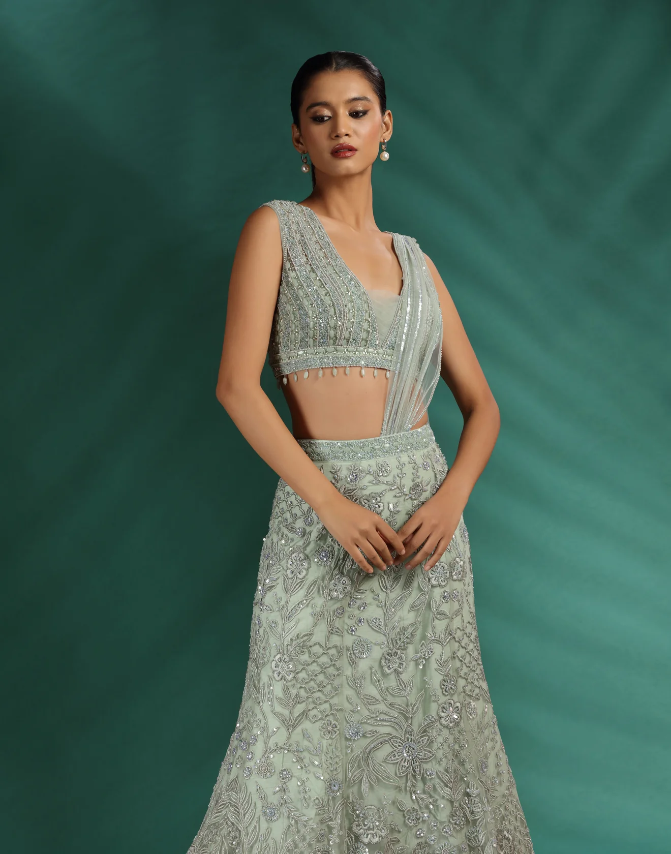 Celadon Mist Embroidered Fish-Cut Lehenga - Image 4