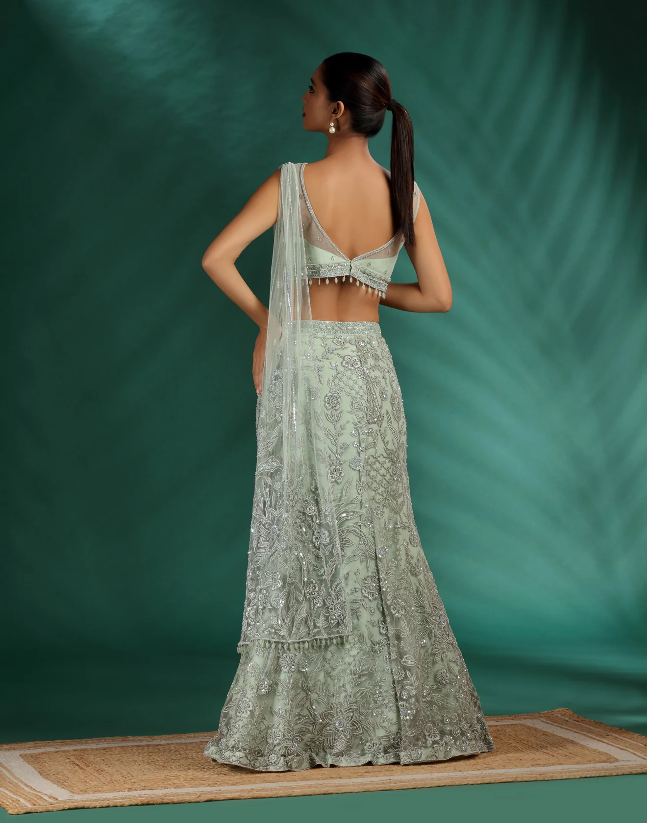Celadon Mist Embroidered Fish-Cut Lehenga - Image 5