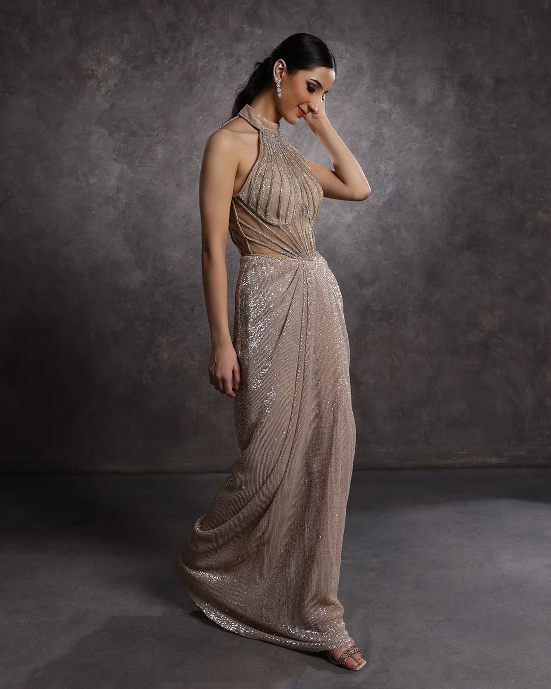 Champagne Glow Sequin Halter Neck Drape Gown