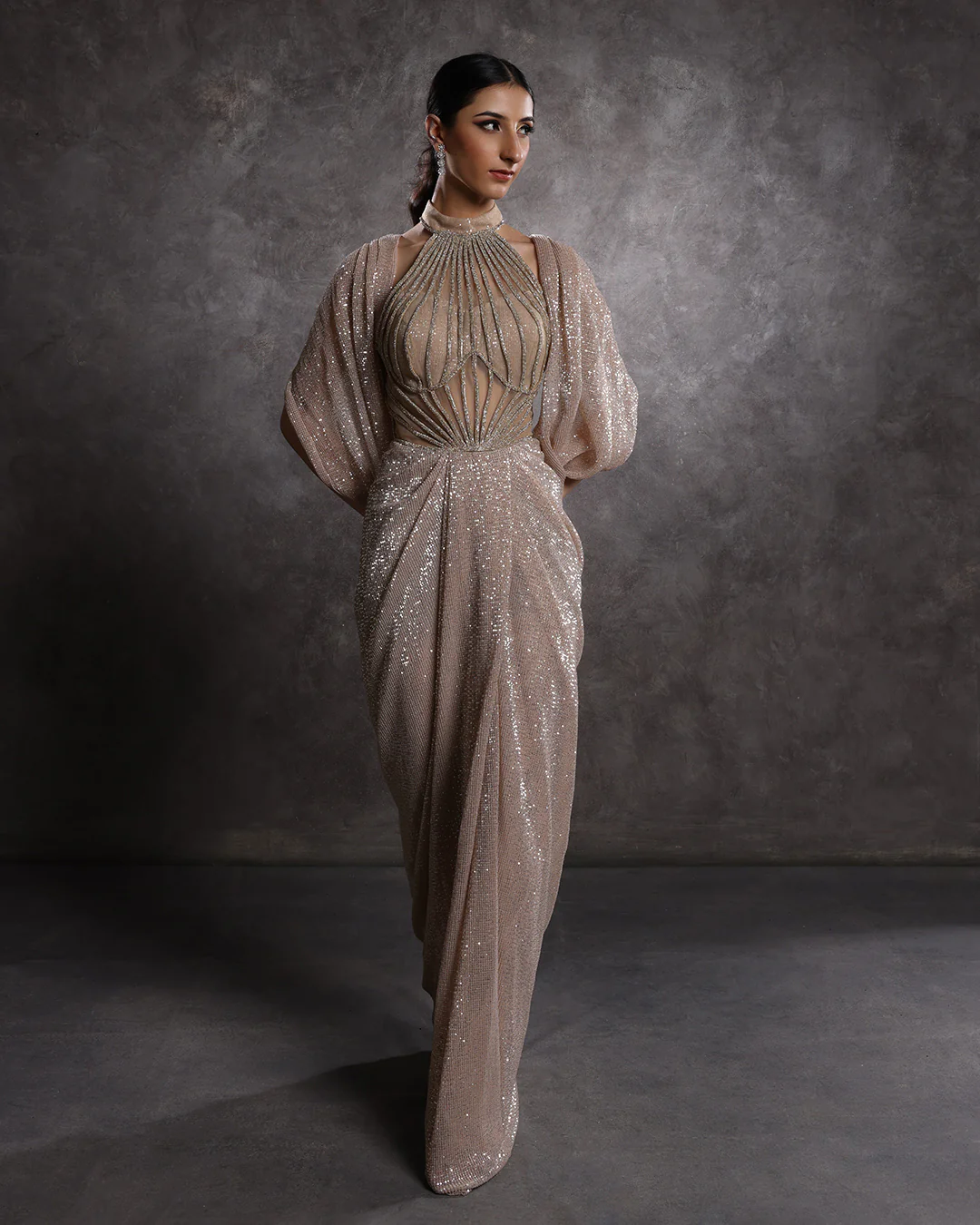 Champagne Glow Sequin Halter Neck Drape Gown - Image 2