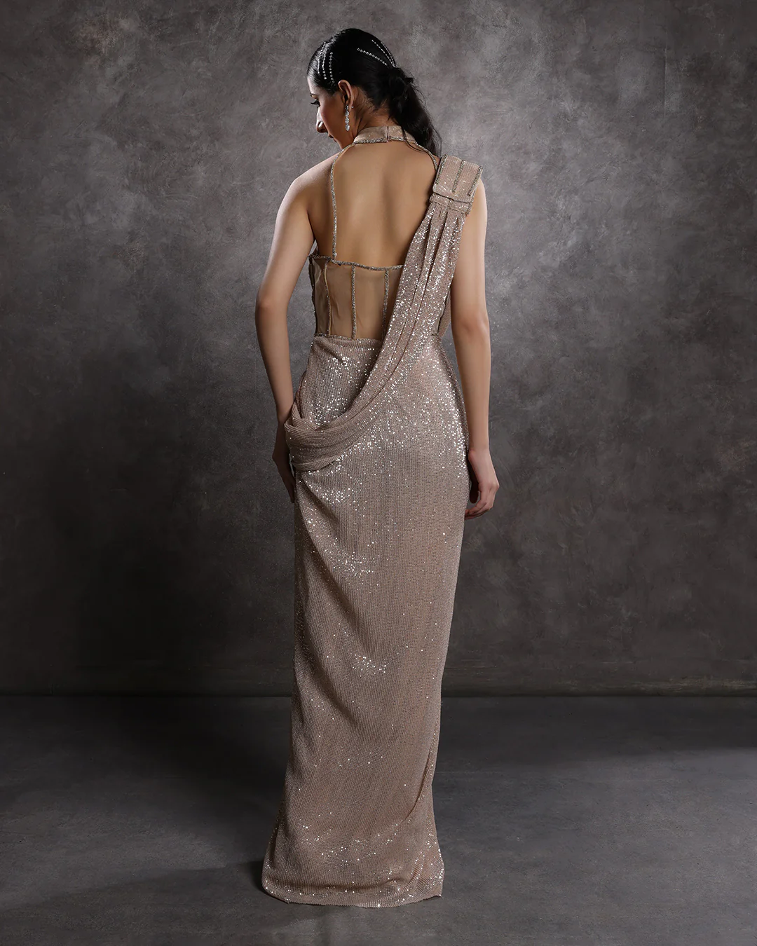 Champagne Glow Sequin Halter Neck Drape Gown - Image 4