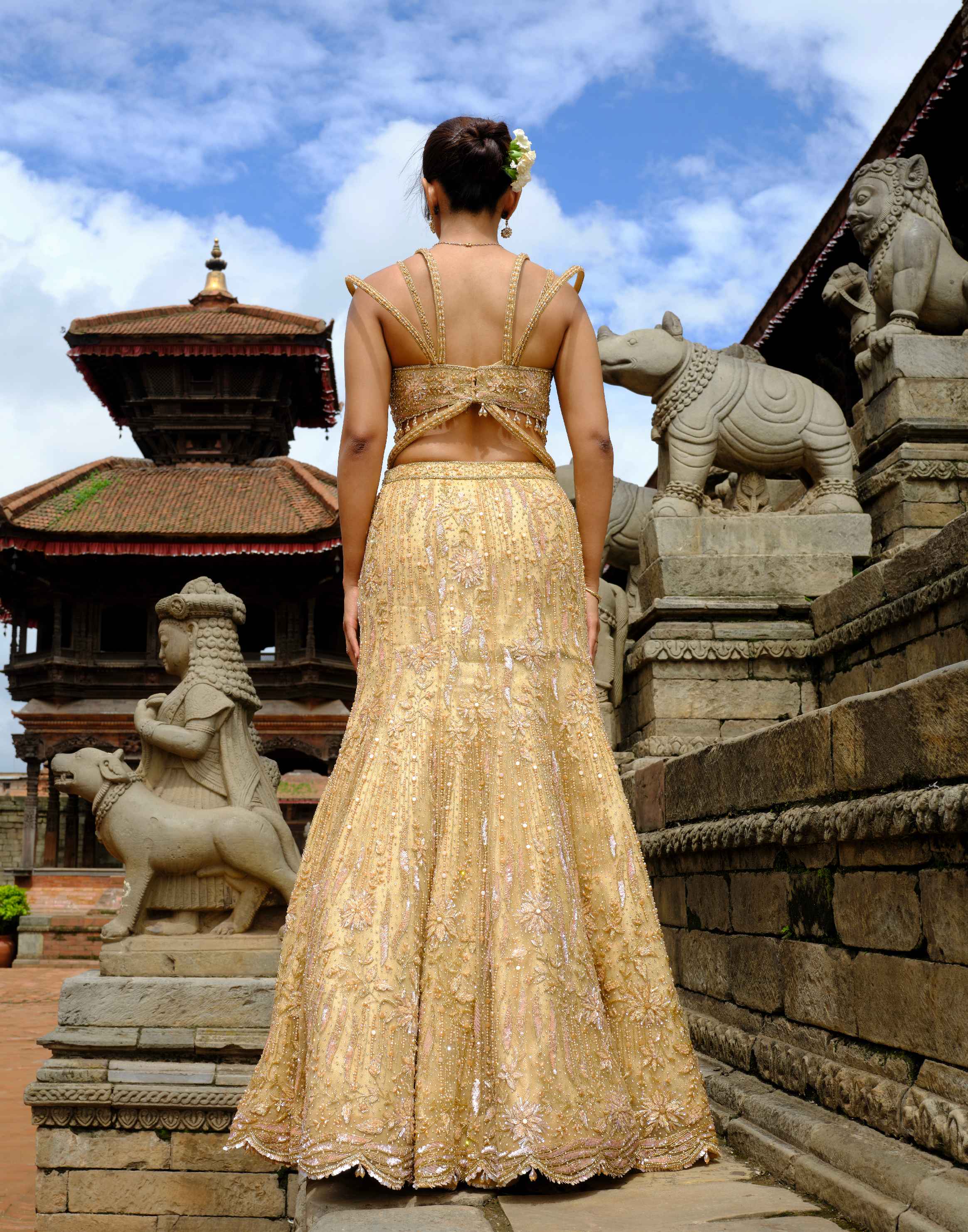 Champagne Gold Fish Cut Cocktail Lehenga - Image 3