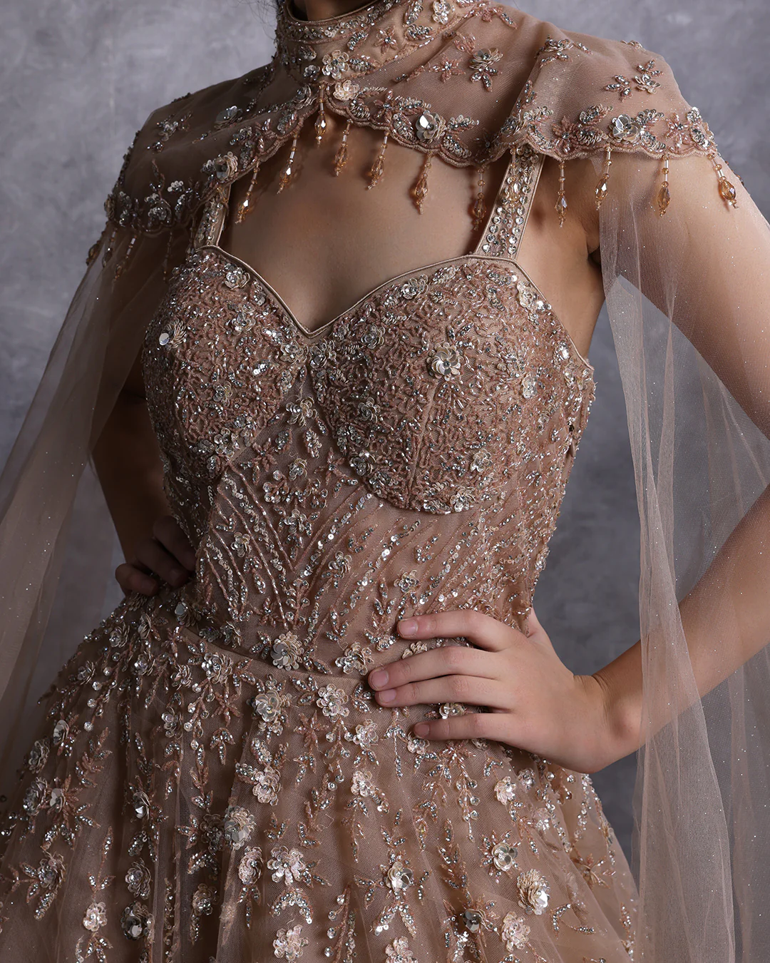 Champagne Mist Embellished Bridal Gown With Shoulder Cape - Image 2