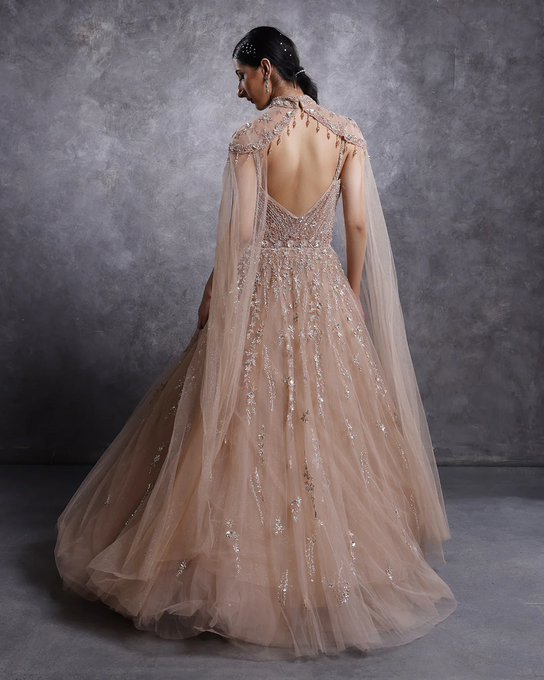 Champagne Mist Embellished Bridal Gown With Shoulder Cape - Image 3