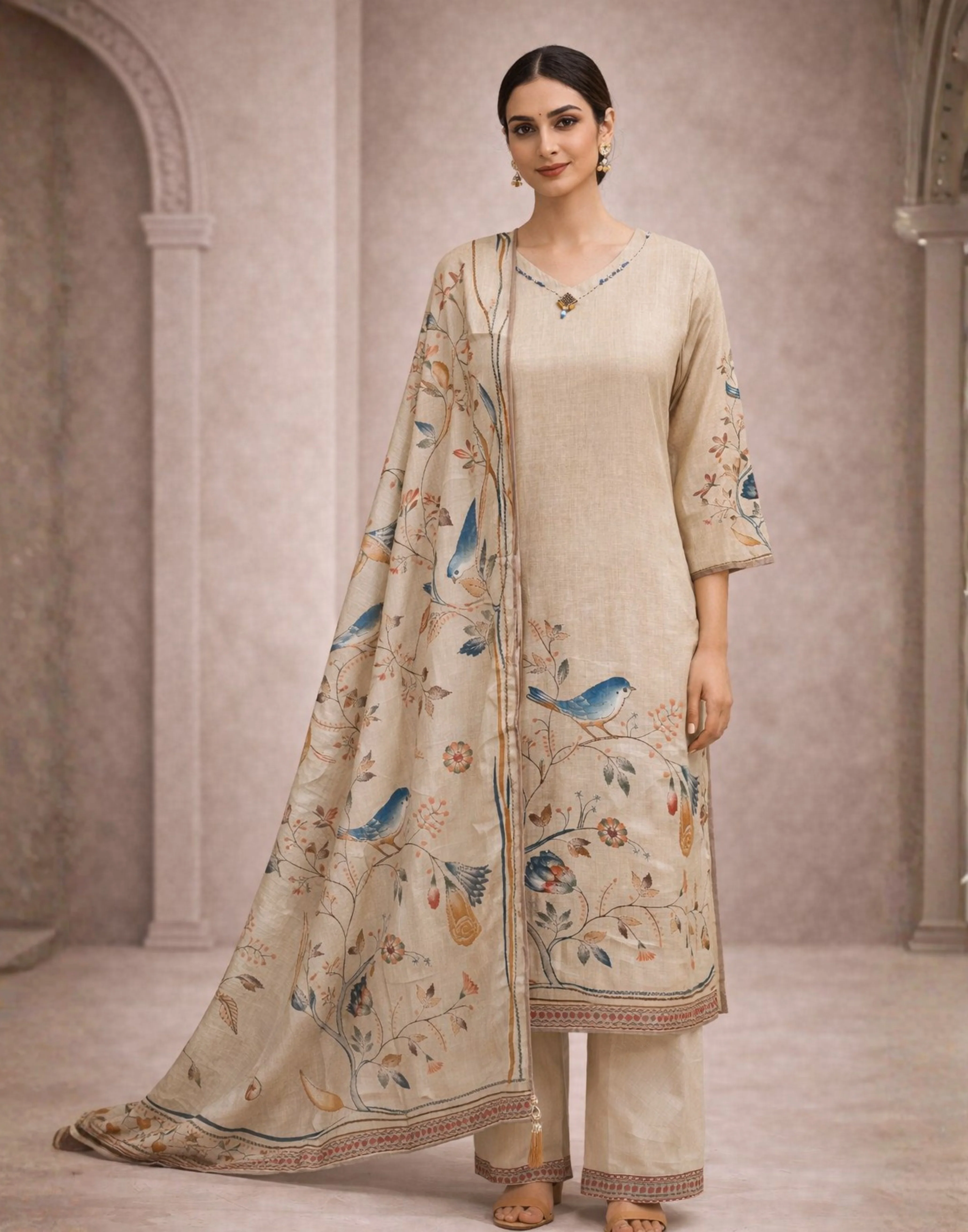 Champaign Beige With Nature Inspired Printed Linen Kurta Set