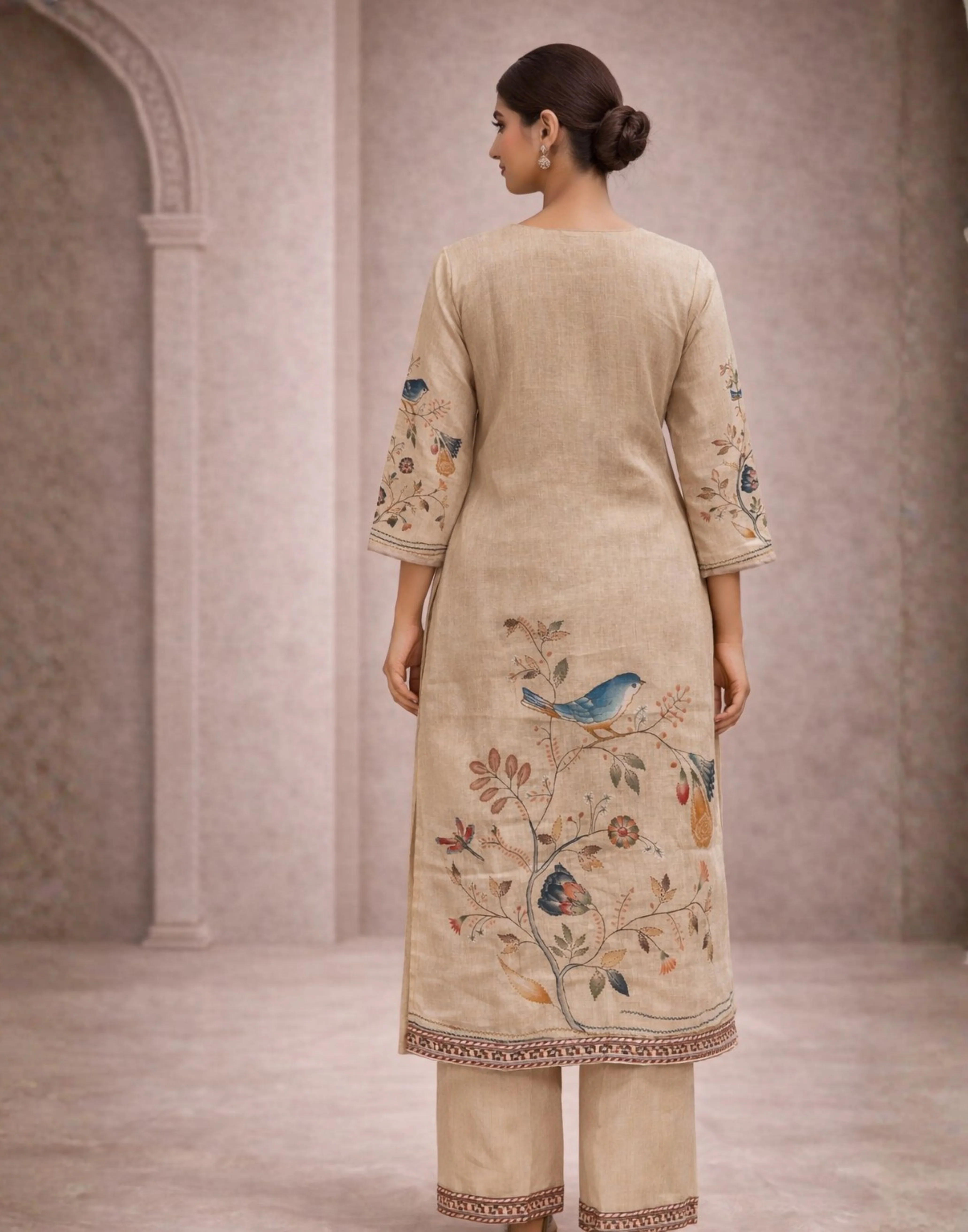 Champaign Beige With Nature Inspired Printed Linen Kurta Set - Image 3
