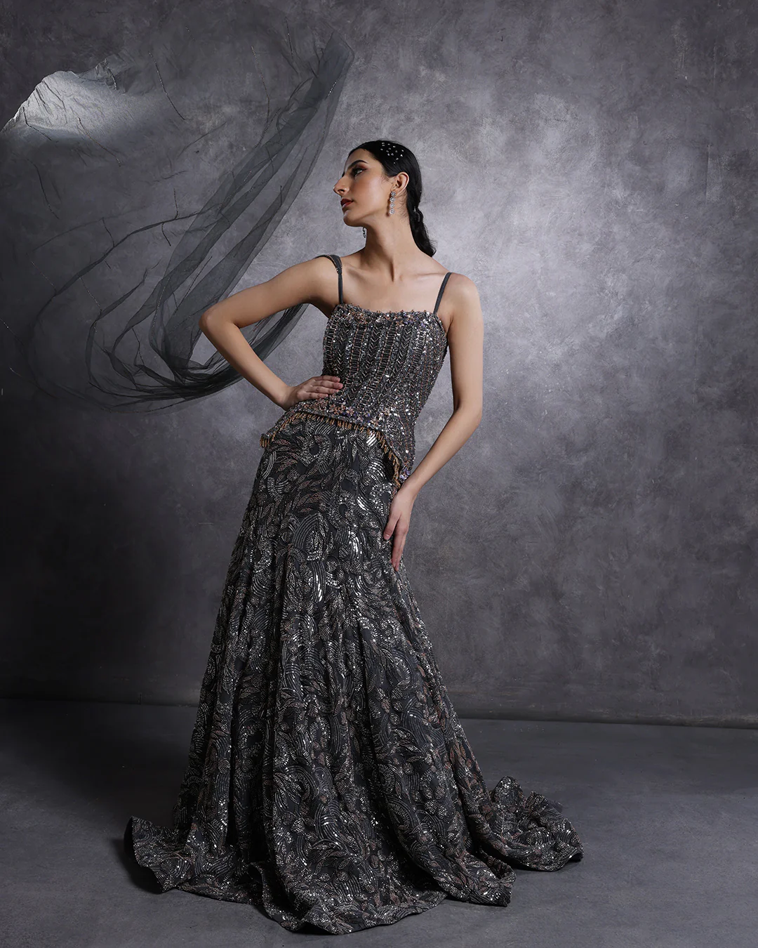 Charcoal Hues Embellished Peplum Fit And Flare Gown