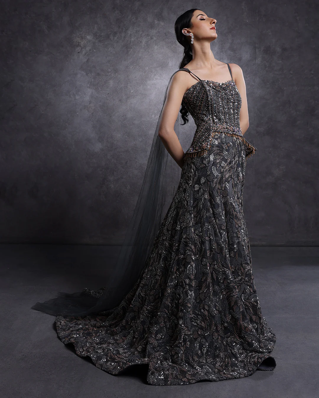 Charcoal Hues Embellished Peplum Fit And Flare Gown - Image 2