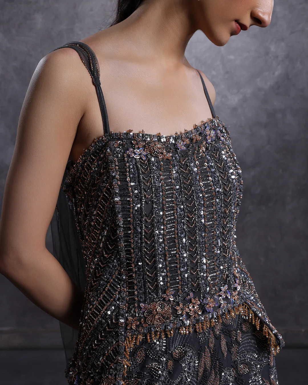 Charcoal Hues Embellished Peplum Fit And Flare Gown - Image 3