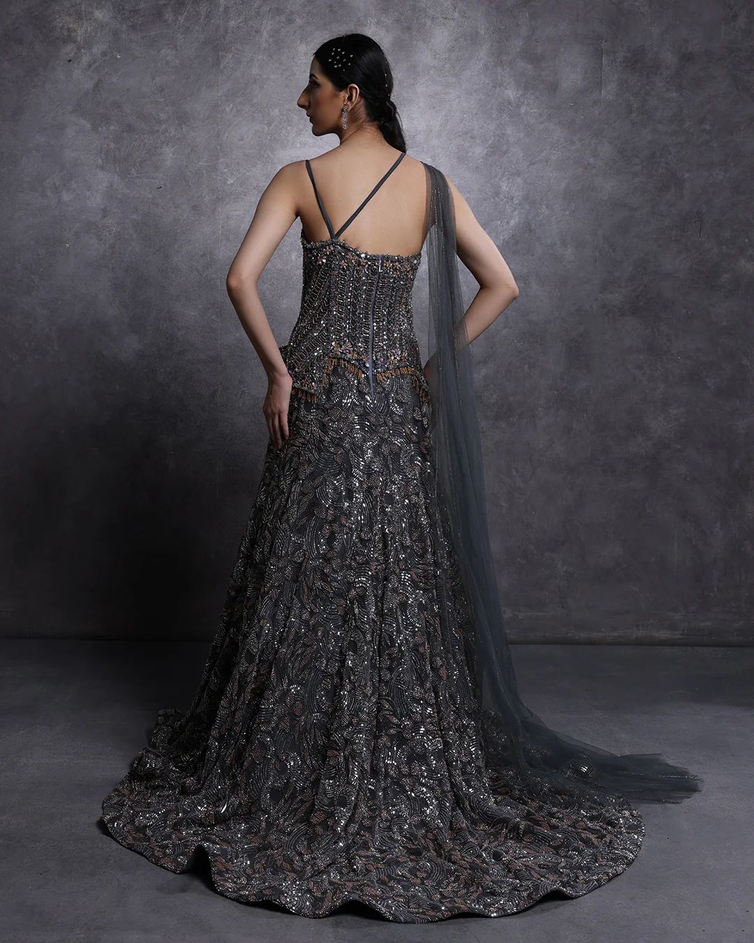 Charcoal Hues Embellished Peplum Fit And Flare Gown - Image 4