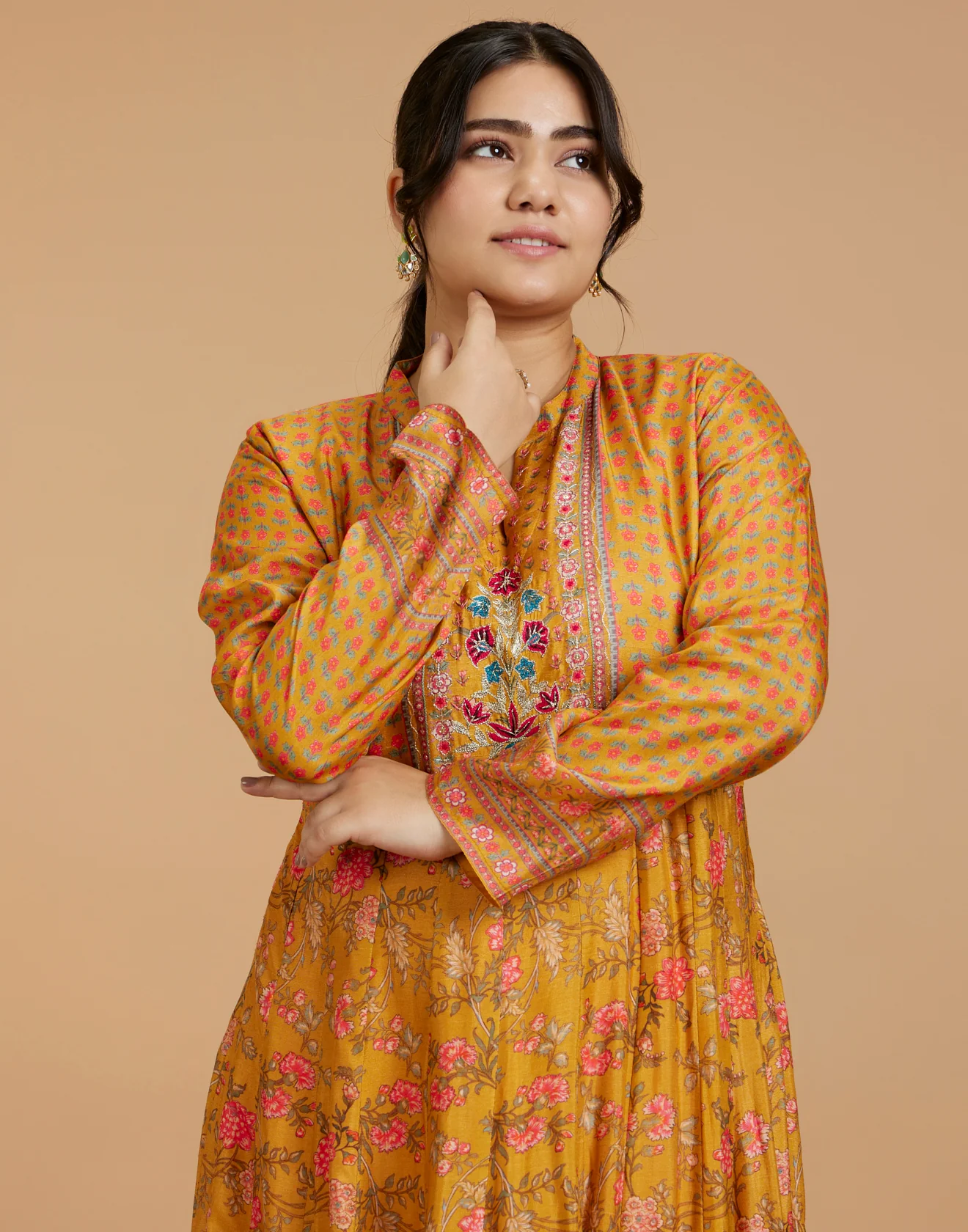 Cheerful Golden-Yellow Printed Flared Kurti With Hand Embroidered Yoke - Image 3