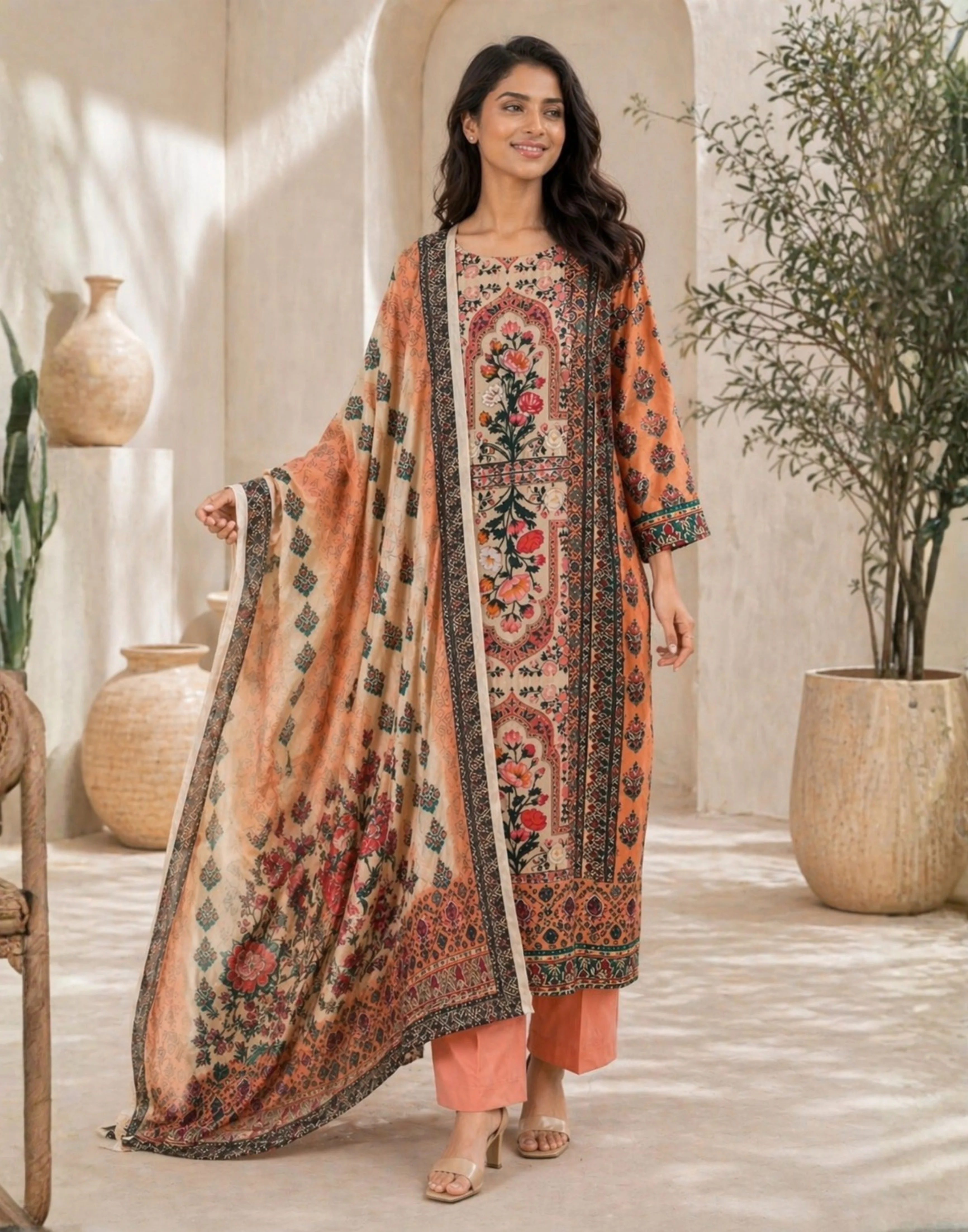 Citrus Multihue Mughal Printed Silk Kurta With Wide Leg Pant & Dupatta Set