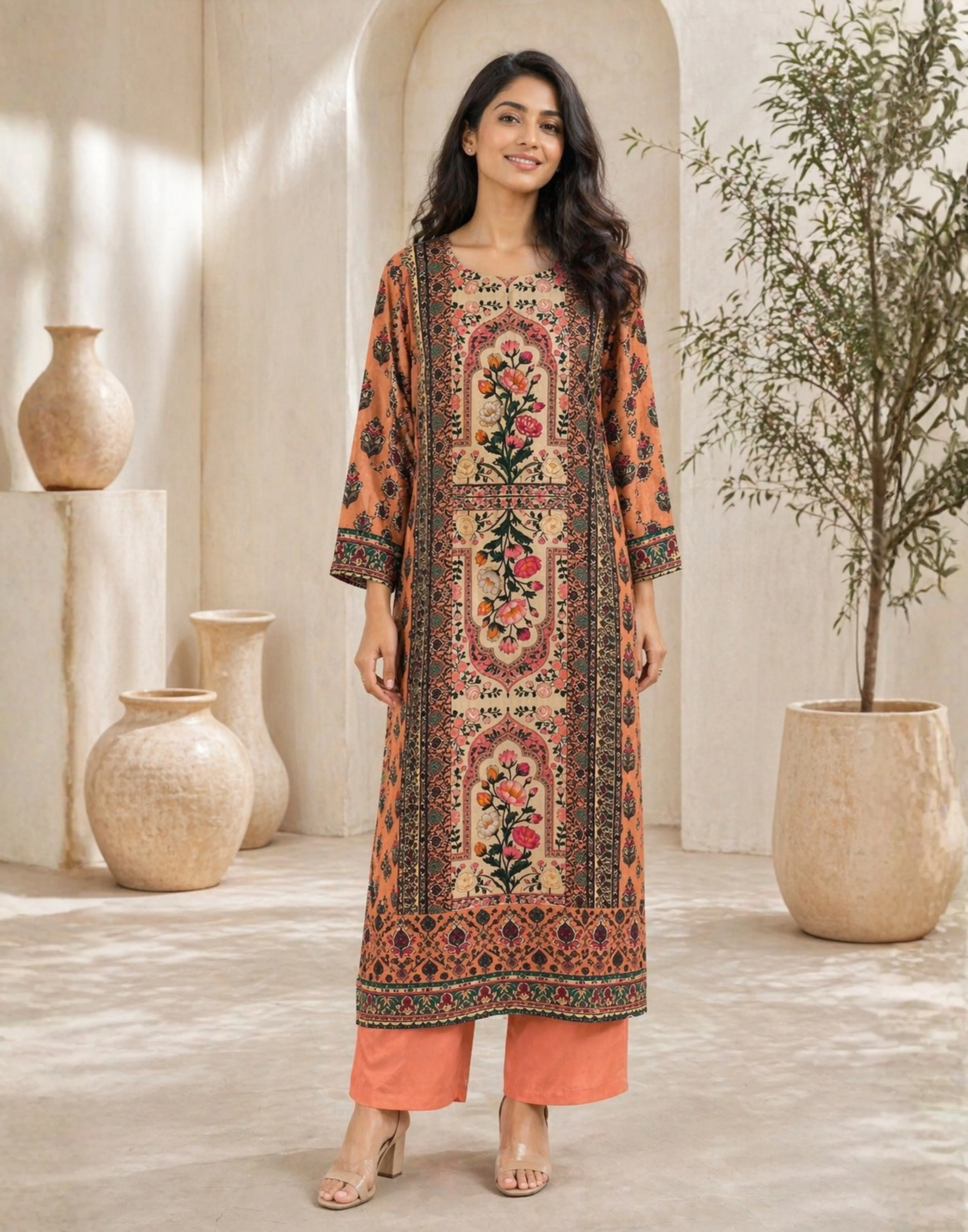 Citrus Multihue Mughal Printed Silk Kurta With Wide Leg Pant & Dupatta Set - Image 2