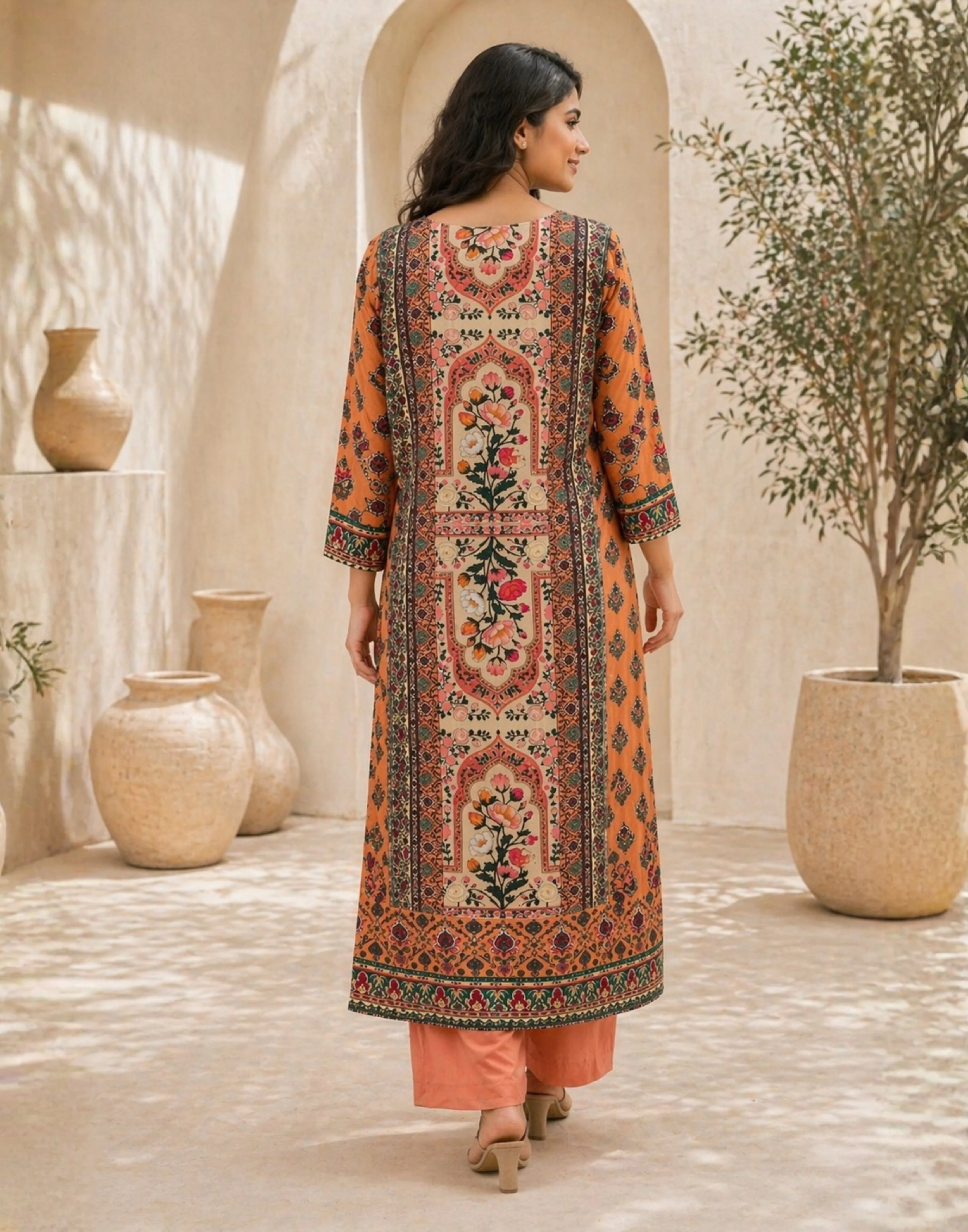 Citrus Multihue Mughal Printed Silk Kurta With Wide Leg Pant & Dupatta Set - Image 3