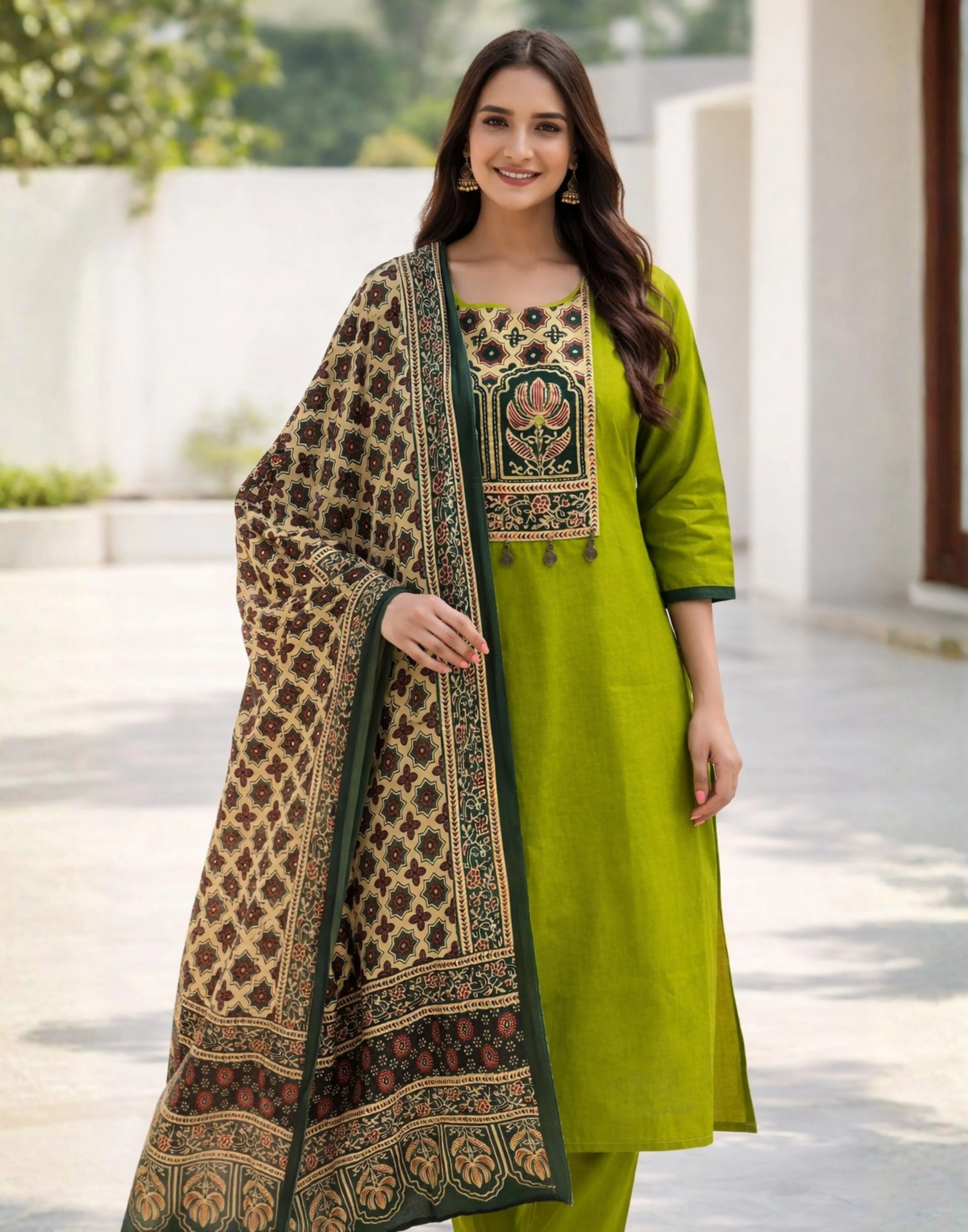 Citrus Splash Straight Fit Cotton Kurta With Pant & Printed Dupatta Set