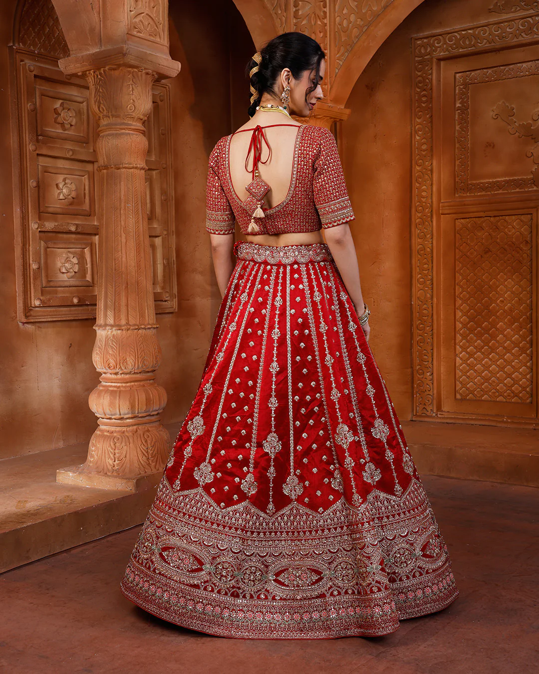 Claret Embrace Pure Silk Bridal Lehenga Set With Unstitched Blouse Fabric - Image 3