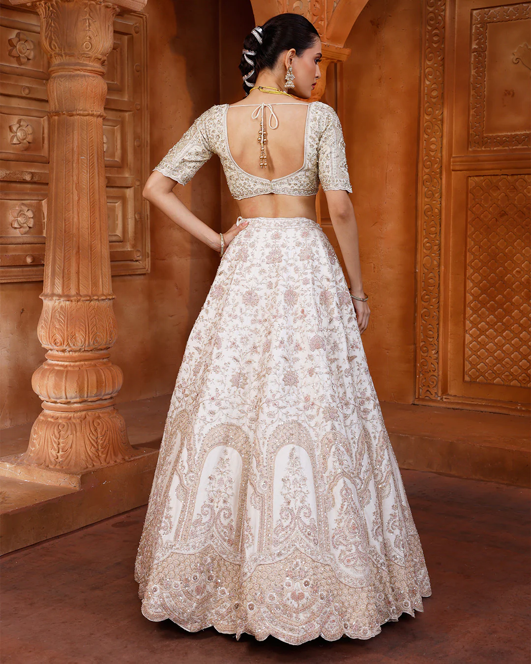 Classic Ivory Bridal Lehenga With Unstitched Blouse Fabric - Image 3