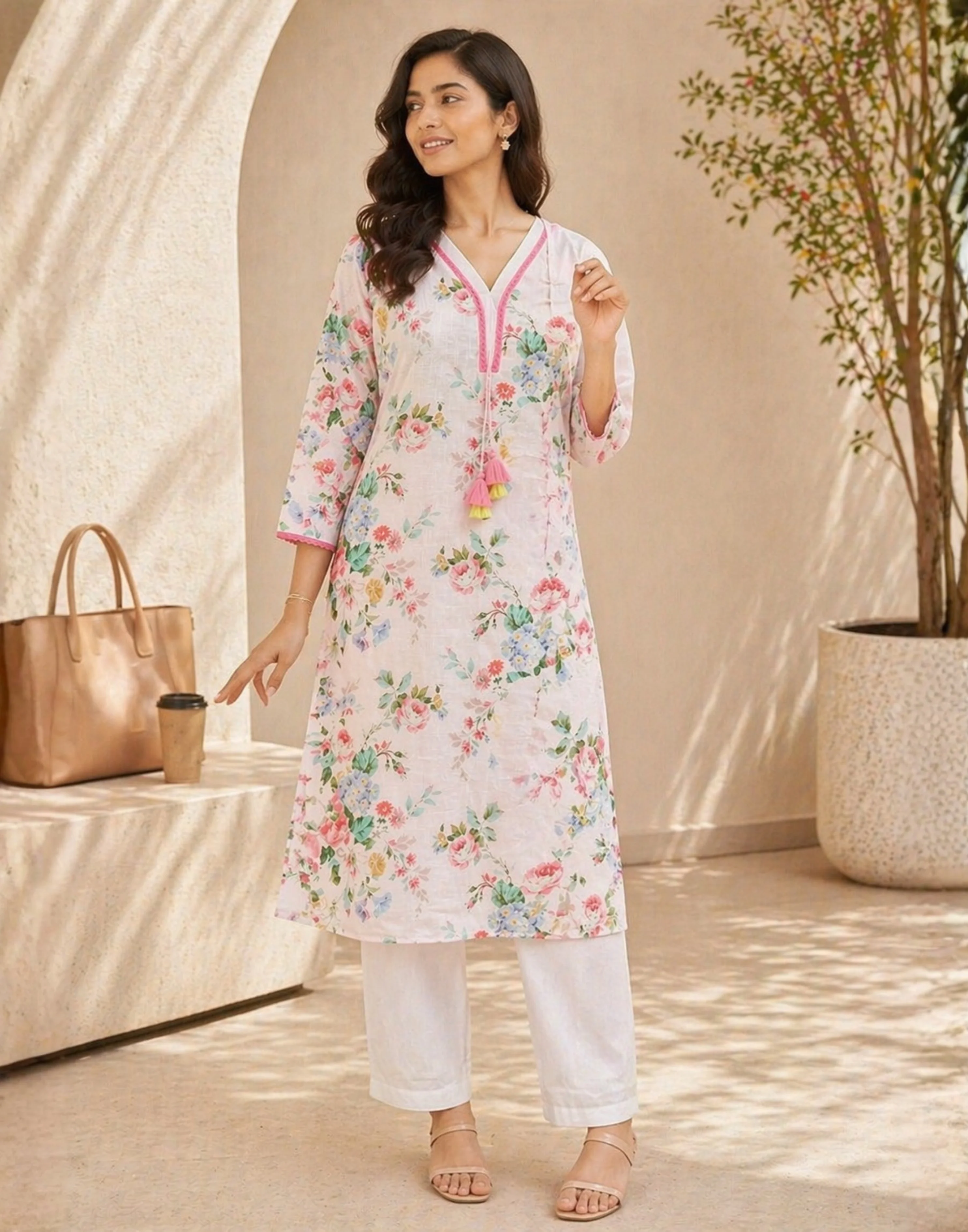 Cloud Dancer Floral Printed Casual Kurta Set - Image 2
