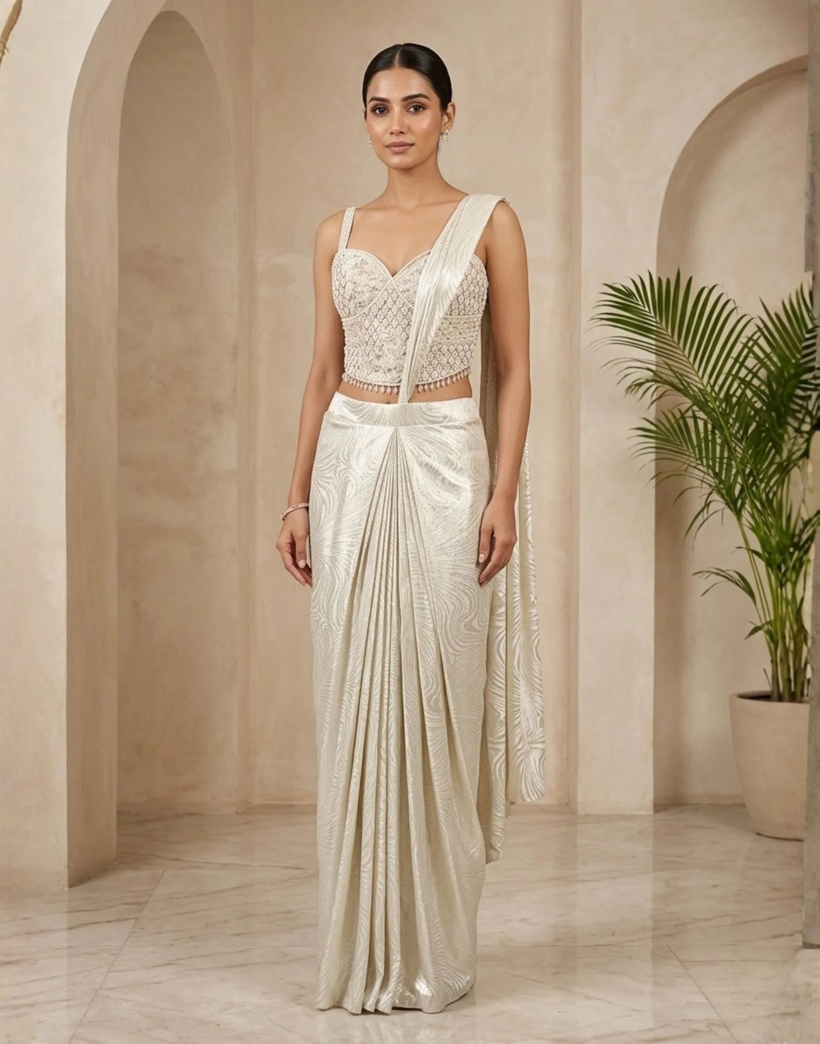 Cloud Dancer Jacquard Pre Draped Saree