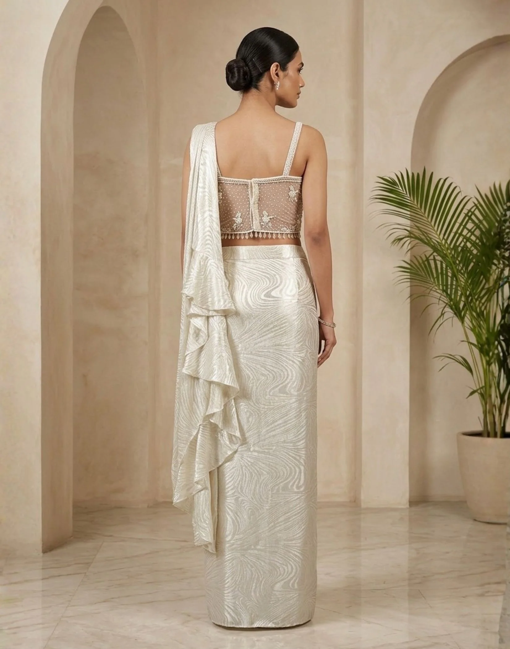 Cloud Dancer Jacquard Pre Draped Saree - Image 2