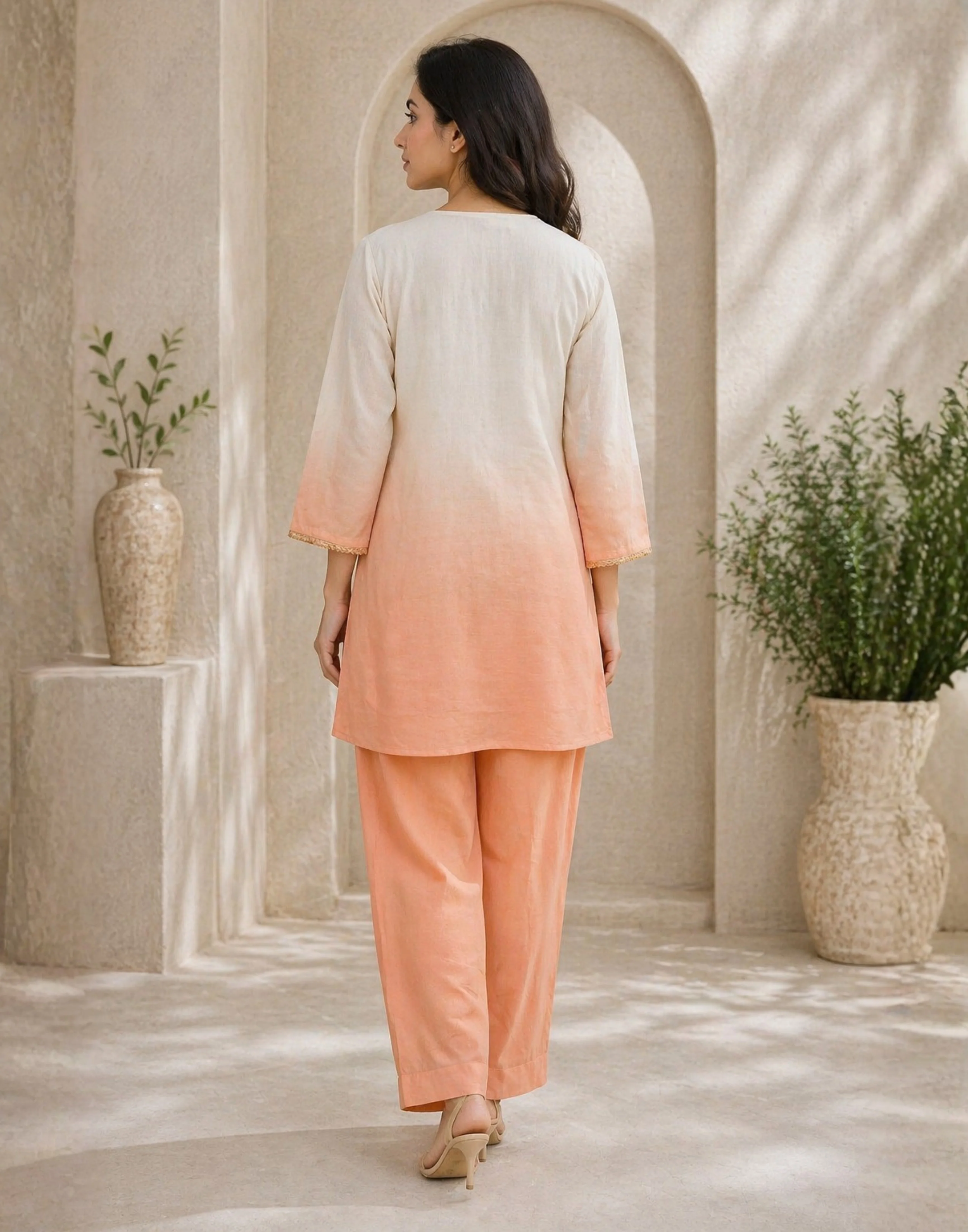 Cloudy White & Peach Ombré Linen Co-Ord Set - Image 2
