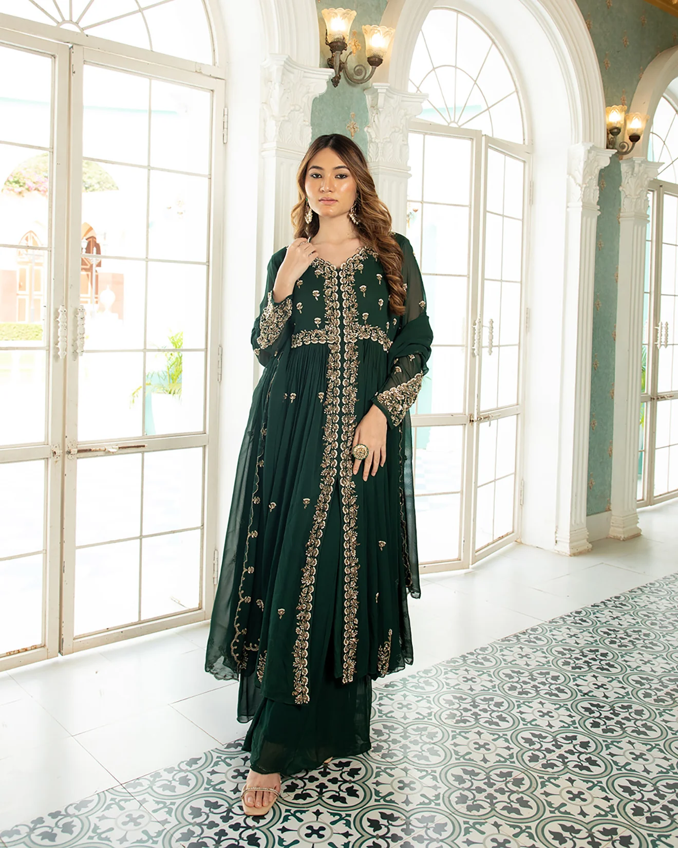 Clover Green Embroidered Front Slit Suit Set