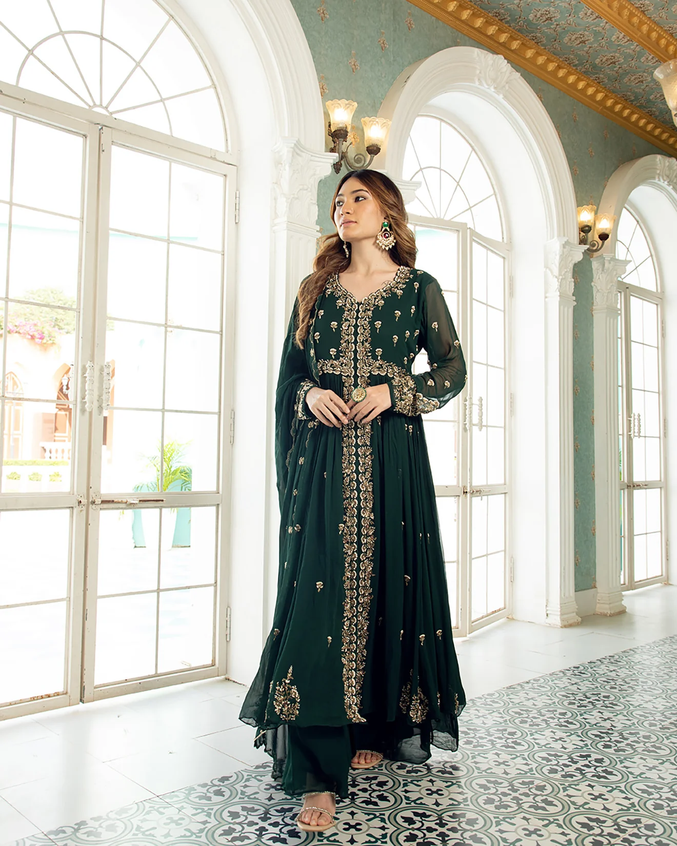 Clover Green Embroidered Front Slit Suit Set - Image 2